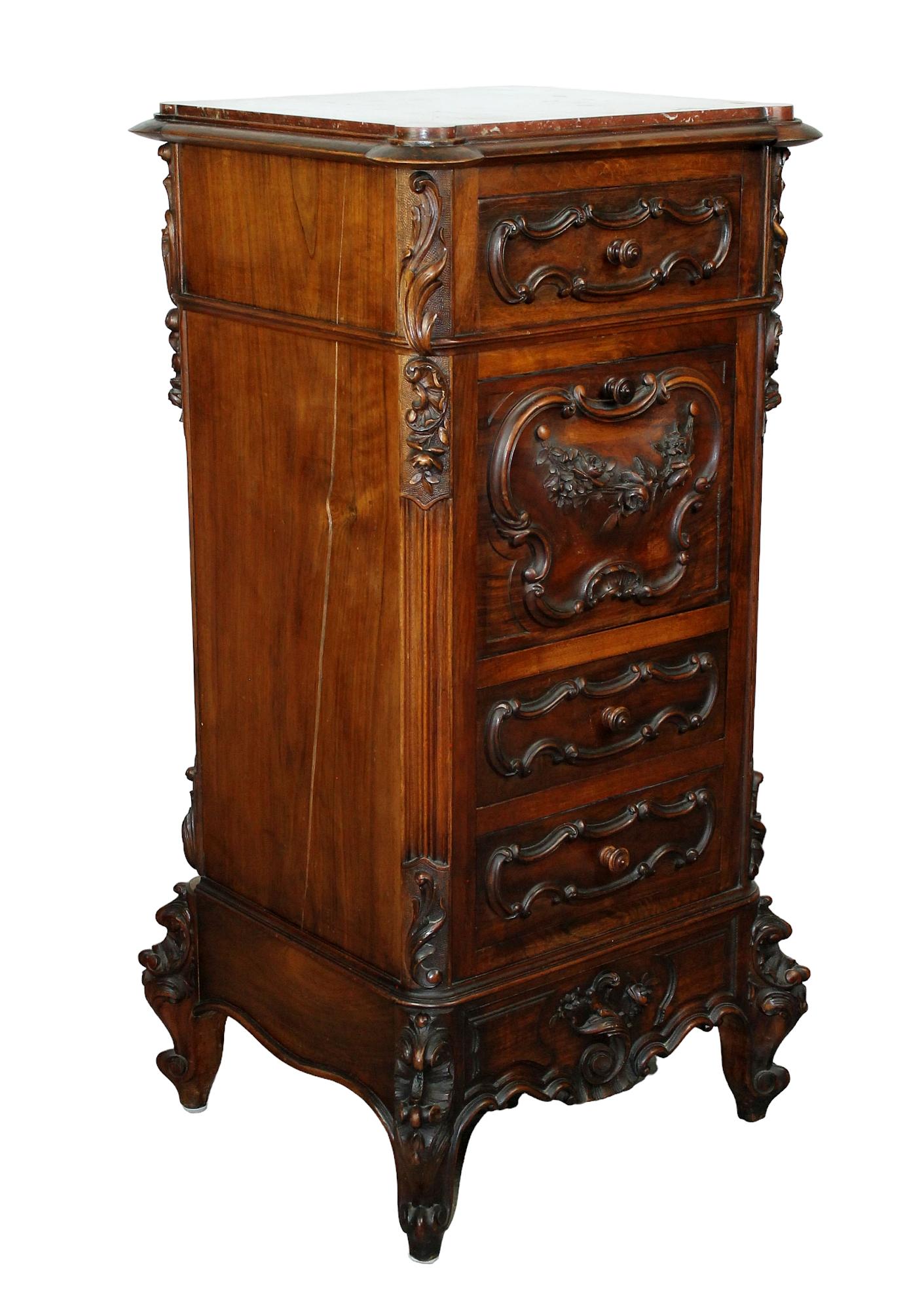 French Louis XV carved walnut marble top chevet with floral carving (1 of 10)