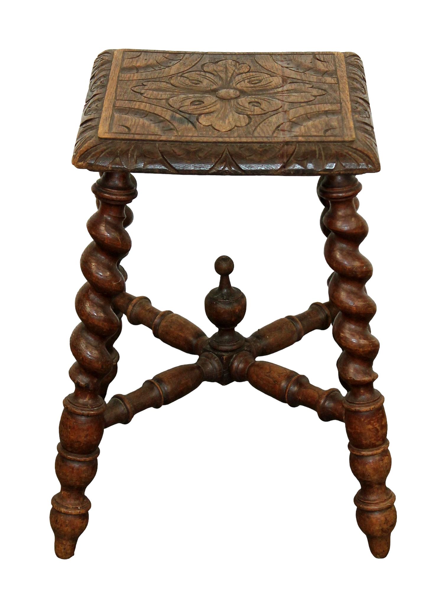 French barley twist stool in carved oak (1 of 4)