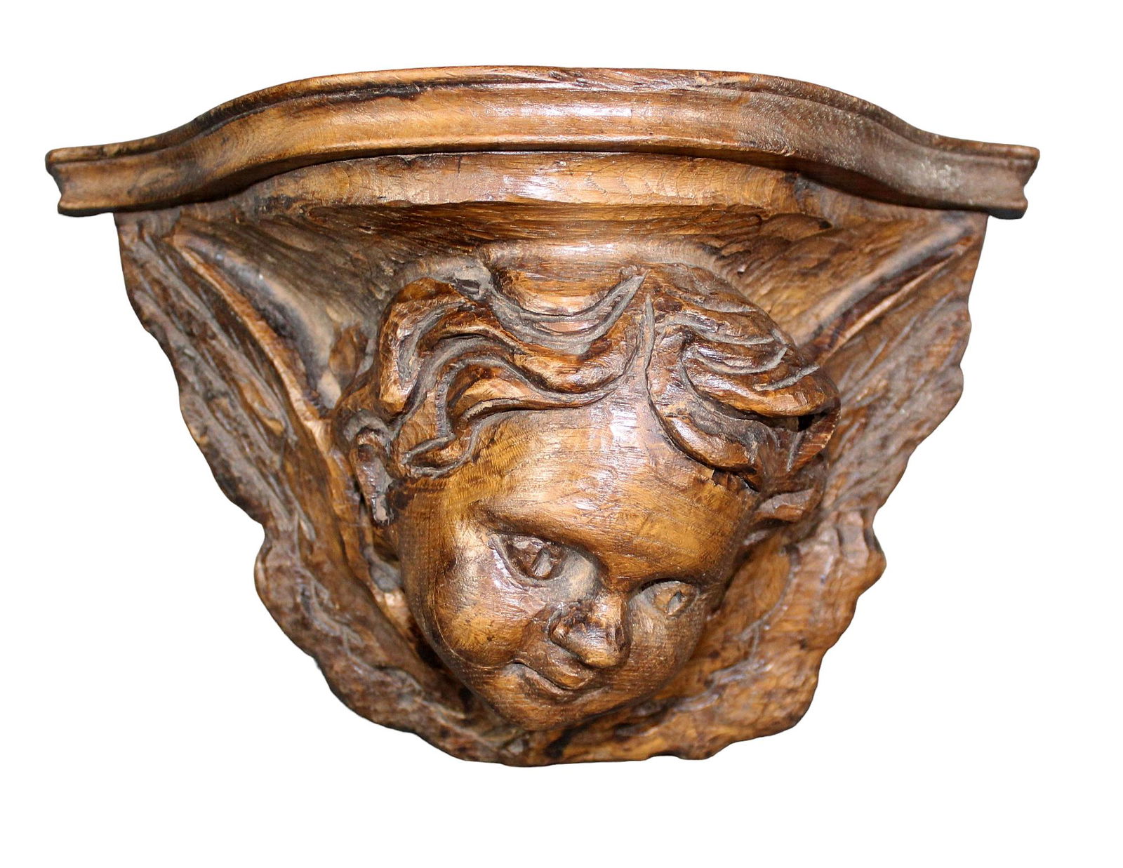 French carved oak wall shelf with cherub (1 of 11)