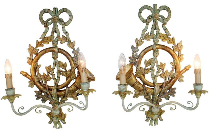 Pair of Italian polychrome wood 2 arm wall sconces (1 of 15)