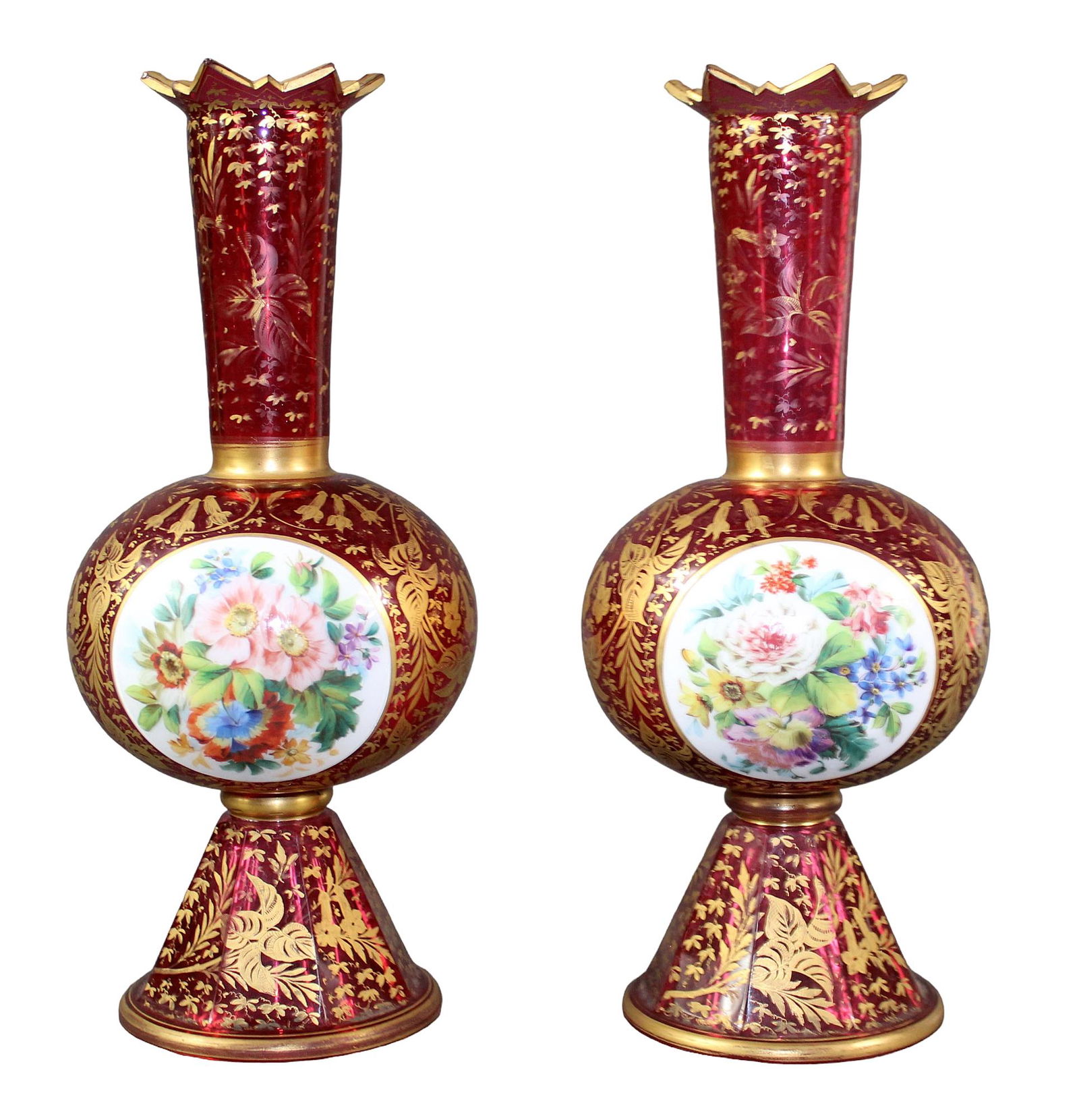 Pair Bohemian cranberry glass vases with porcelain portrait plaques (1 of 7)