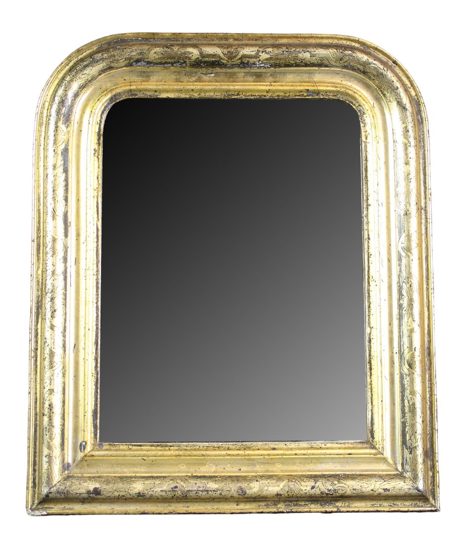 French Louis Philippe gold leaf mirror: French Louis Philippe gold leaf mirror with floral etching. 19th century. 19 3/4" h x 16 1/4" w