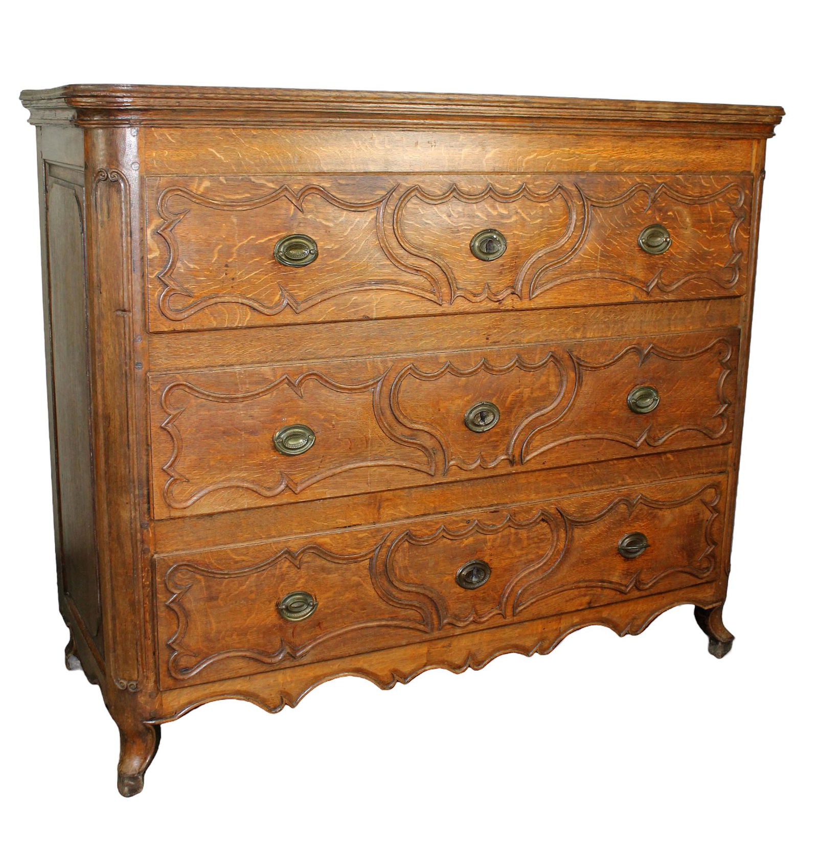 French 3 drawer commode in oak with delicate carvings on drawer fronts (1 of 11)