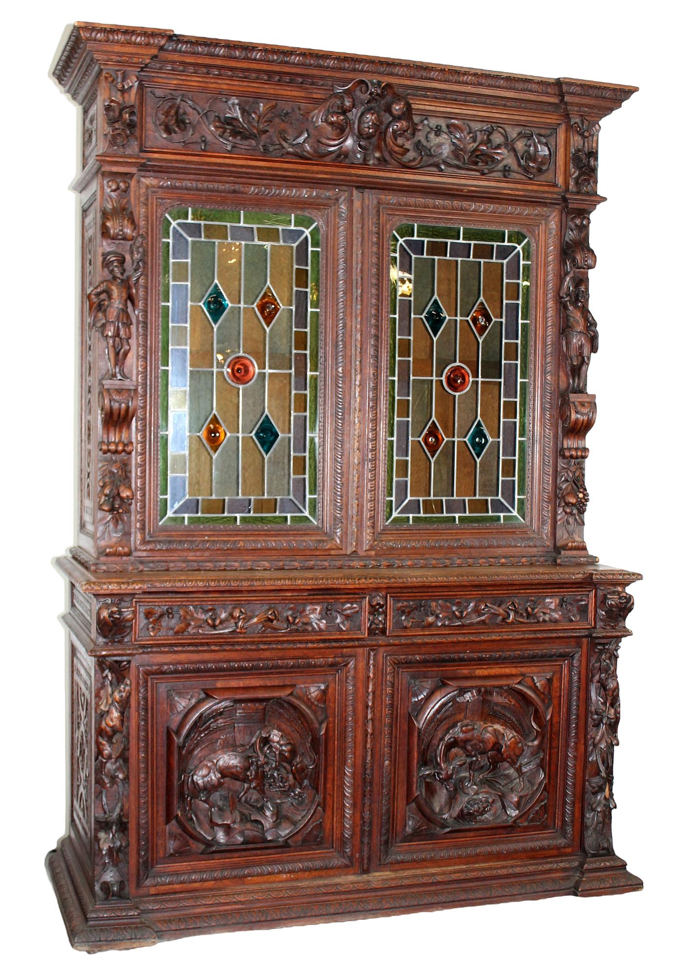 French Louis XIII oak buffet with stained glass doors (1 of 14)
