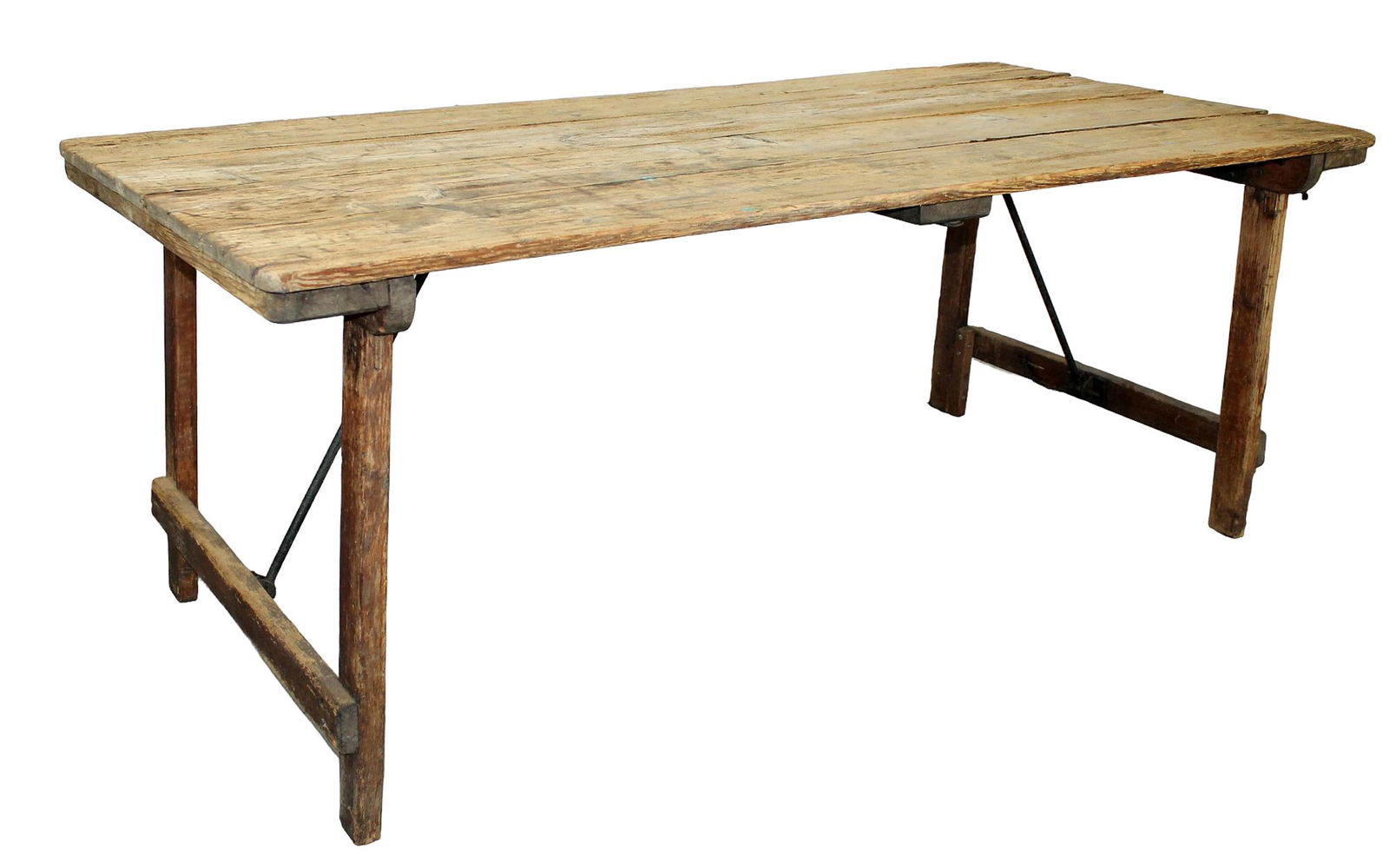 French plank top rustic folding table with iron stretcher (1 of 7)