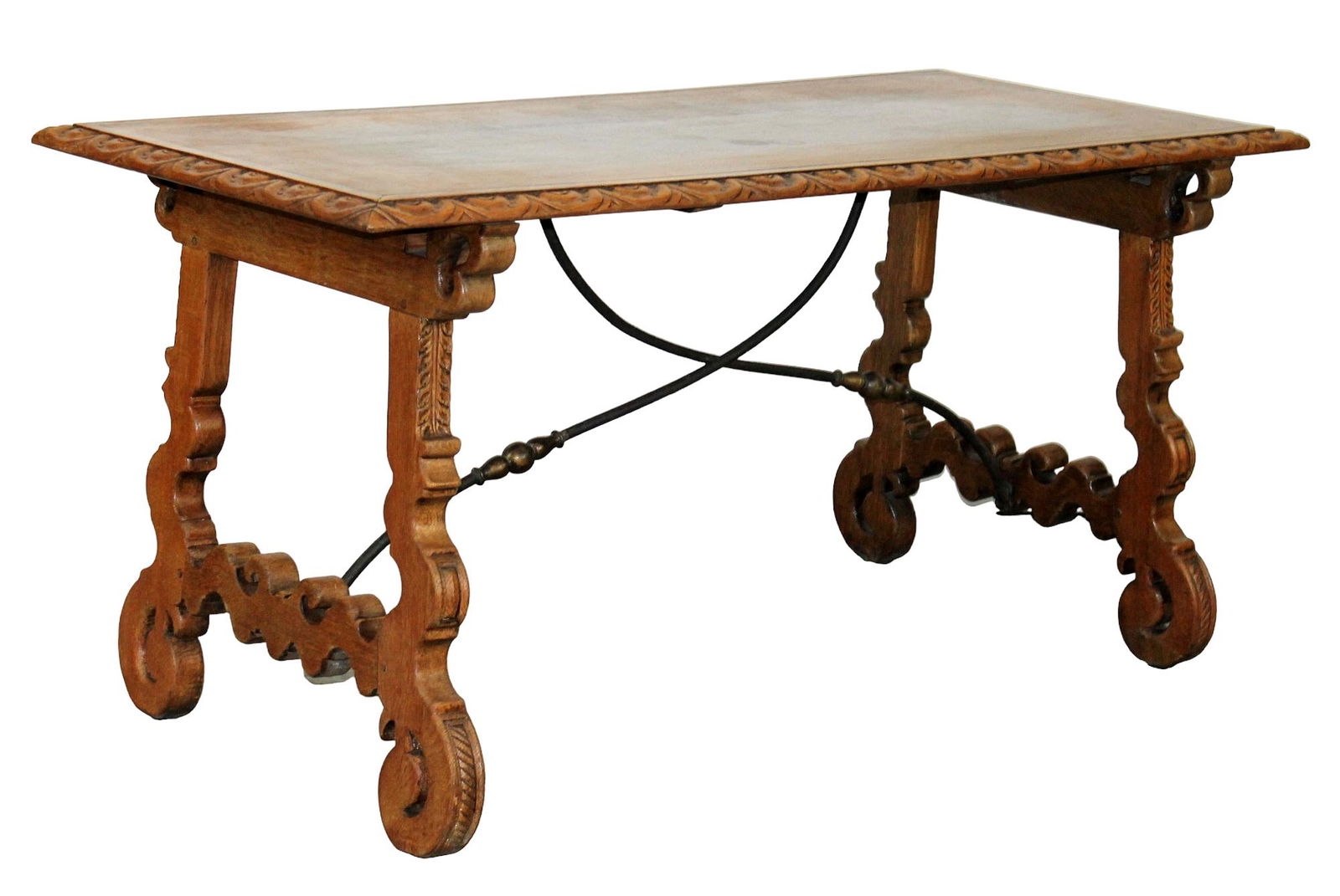Italian carved walnut library table or desk with iron stretcher (1 of 8)