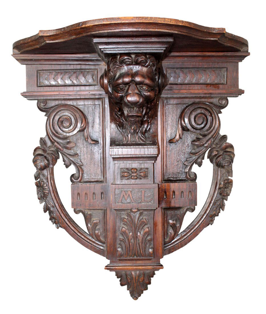 French carved walnut wall shelf with lion (1 of 10)