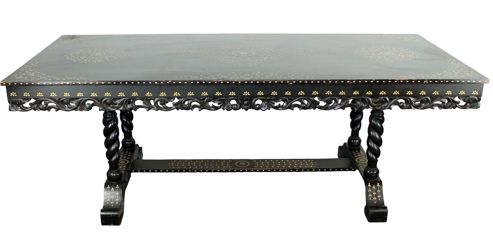 Ebonized and inlaid dining table with carved apron (1 of 8)