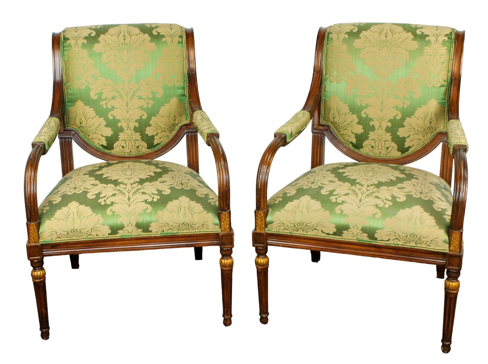 Pair of Empire style mahogany armchairs: Pair of Empire style mahogany armchairs with green silk upholstery. Late 20th century. 35 1/2"h x 24 1/2"w x 20 1/2"d, seat height 17"