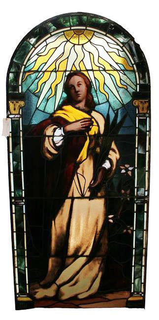 Antique stained, painted  and leaded glass figural mourning window (1 of 10)