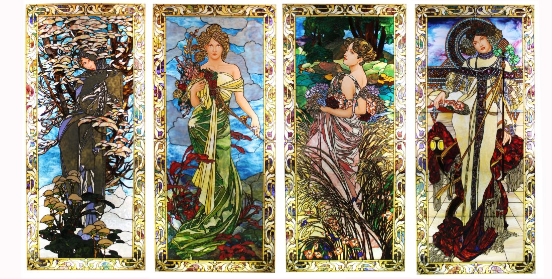 Set of 4 Mark Bogenrief painted and stained glass figural Four Seasons windows (1 of 20)