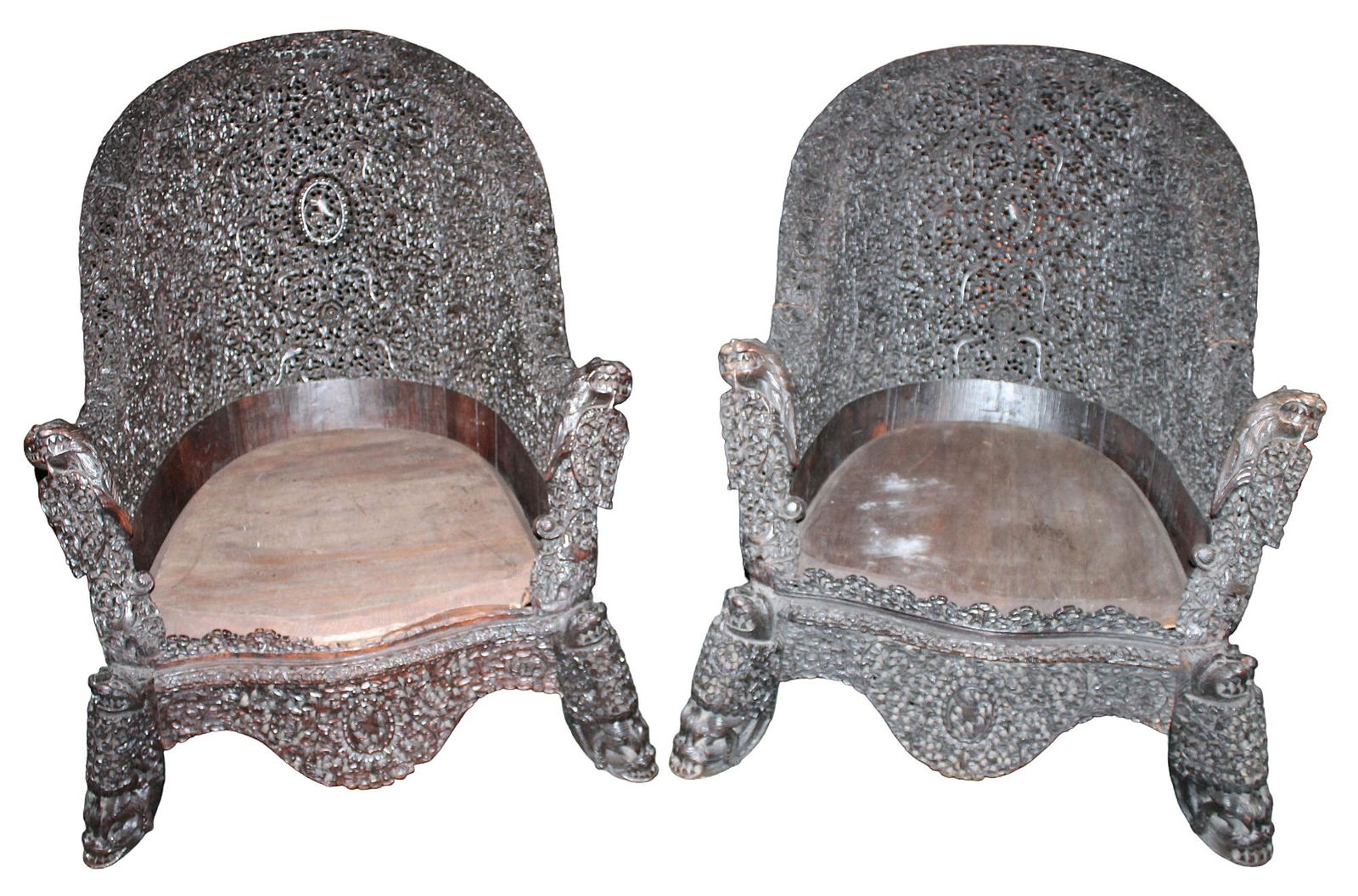 Pair of Burmese relief and pierce carved arm chairs (1 of 8)