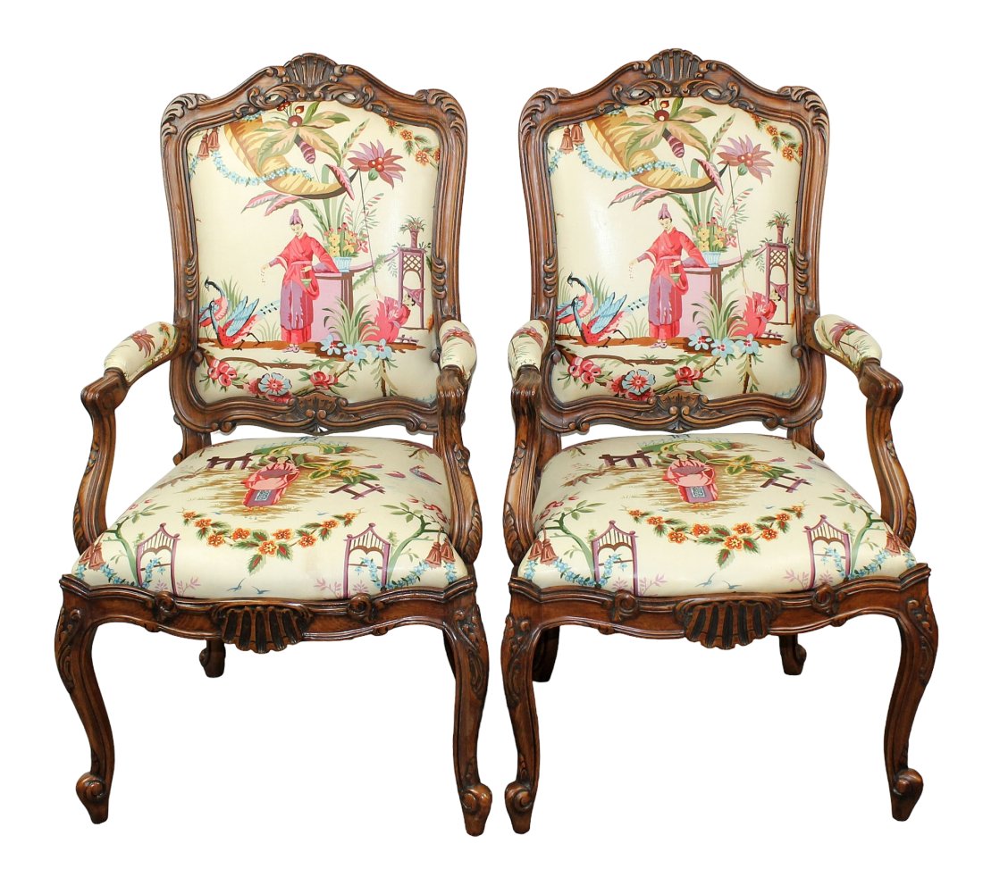Pair of Louis XV style armchairs: Pair of Louis XV style armchairs with chinoiserie upholstery. 21st century. 43 3/4"h x 25"w x 22"d, seat height 18"