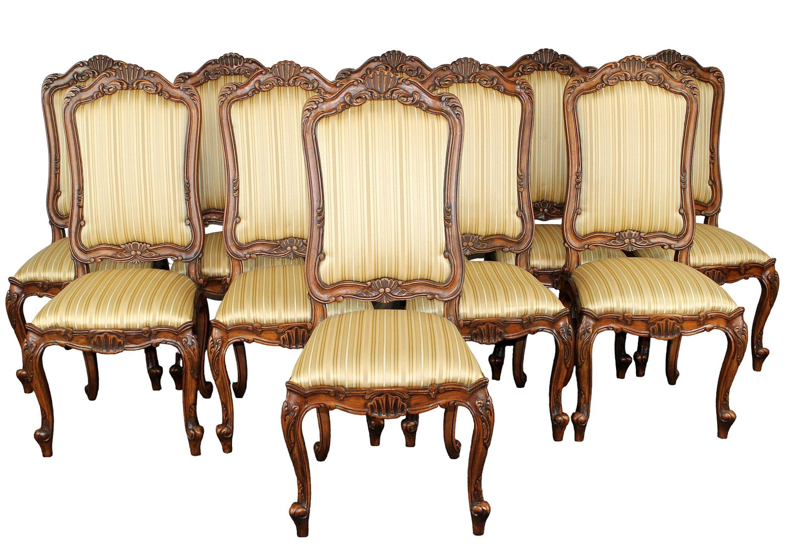 Set of 10 Louis XV style dining chairs: Set of 10 Louis XV style dining chairs with yellow silk upholstery. Late 20th century. 44"h x 20 1/2"w x 19 1/2"d. seat height 18"