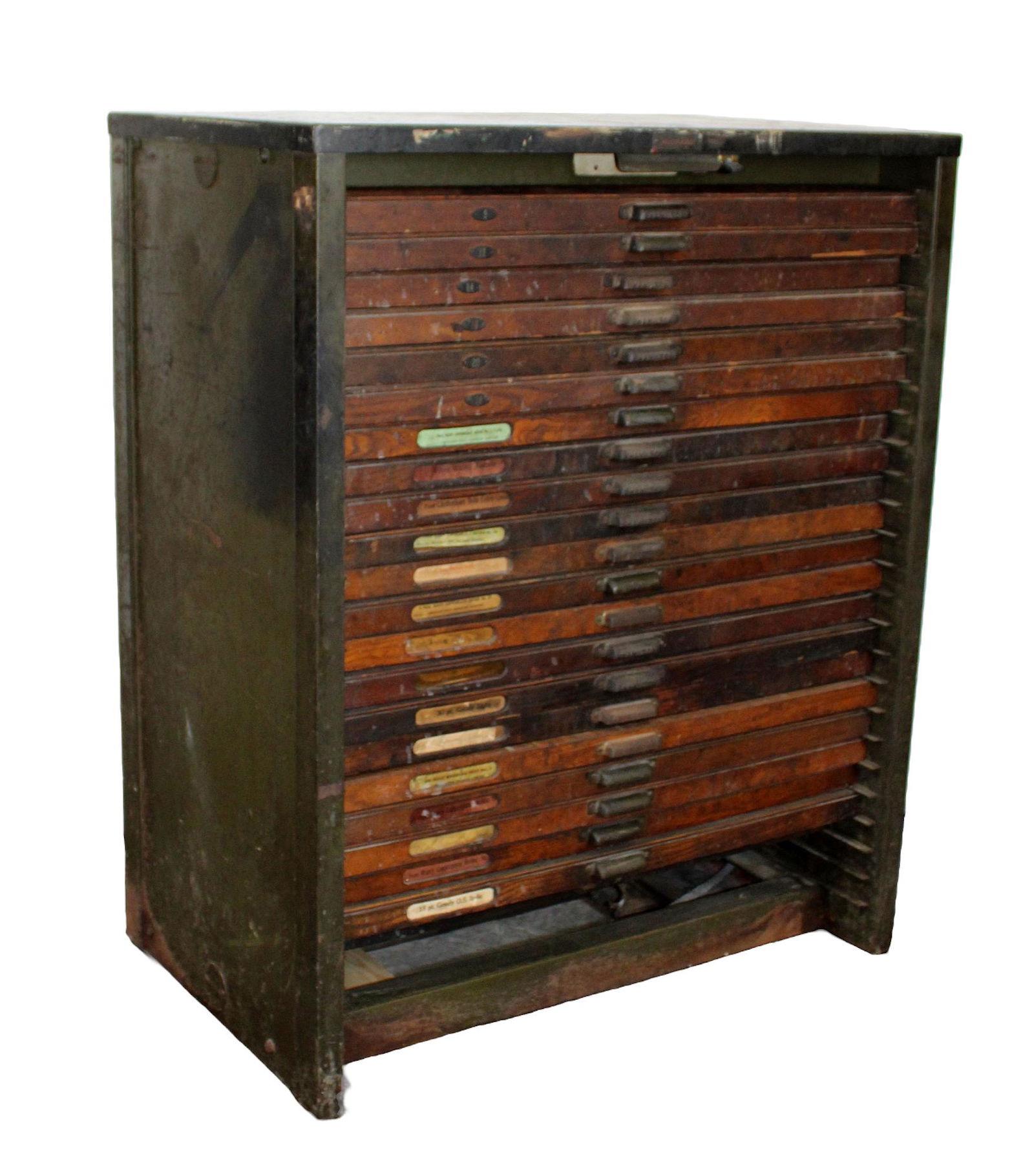 Antique Hamilton Mfg Co printers type set file cabinet: Antique Hamilton Mfg Co printers type set metal file cabinet with oak faced drawers. Early 20th century. 43"h x 35 1/4"w x 21 3/4"d