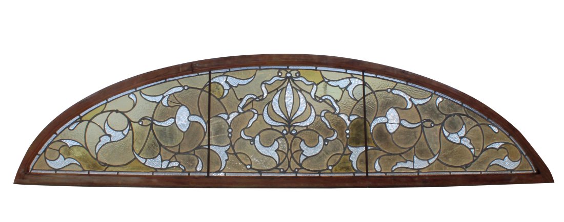 Antique American stained & leaded glass transom window: Antique American stained & leaded glass transom window. Early 20th century. 23 1/4"h x 90 1/2"w x 1 3/4"d