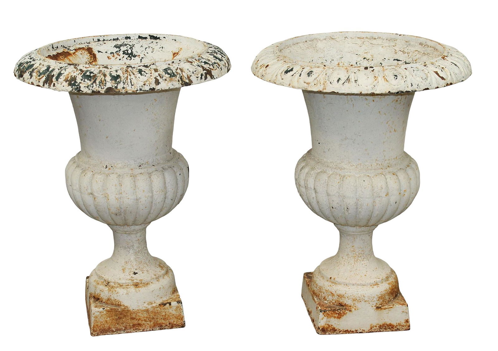 Pair of French Alfred Corneau Charleville (Attributed) cast iron garden urns: Pair of French Attributed to Alfred Corneau Charleville cast iron classical garden urns. Unmarked. Late 19th century. 29 1/2"h x 23" dia