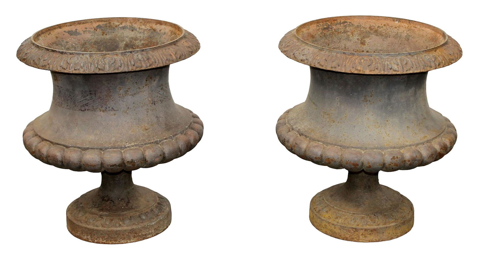 Pair of French Alfred Corneau Charleville cast iron garden urns: Pair of French Alfred Corneau Charleville cast iron garden urns. Late 19th century. 19"h x 18 1/2" dia