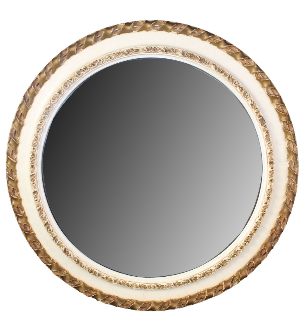 Butler's mirror with convex glass: Butler's mirror with convex glass in cream & gilt frame. Mid 20th century. 17 3/4" diam