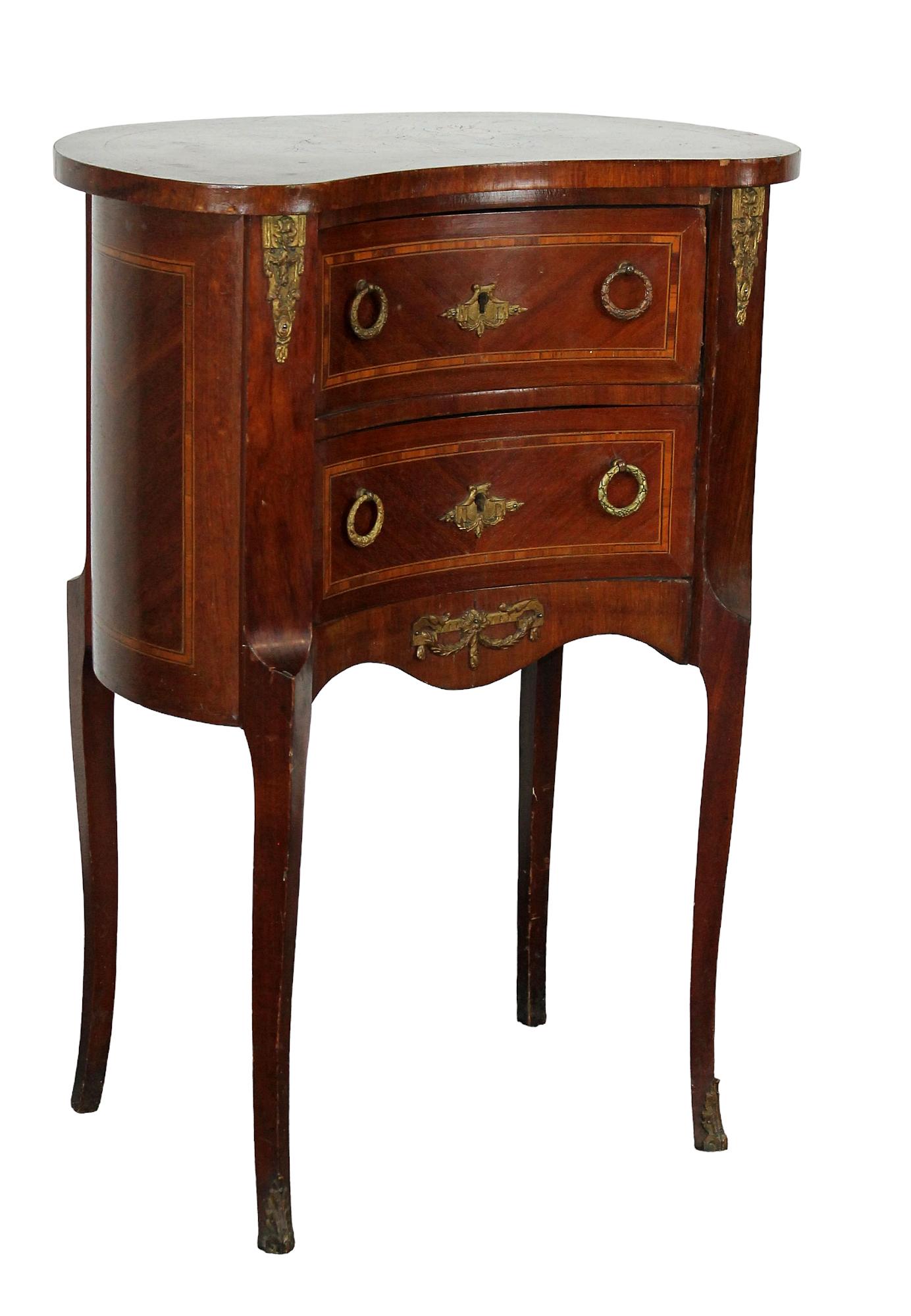 French inlaid kidney shaped 2 drawer chest side table on legs (1 of 7)