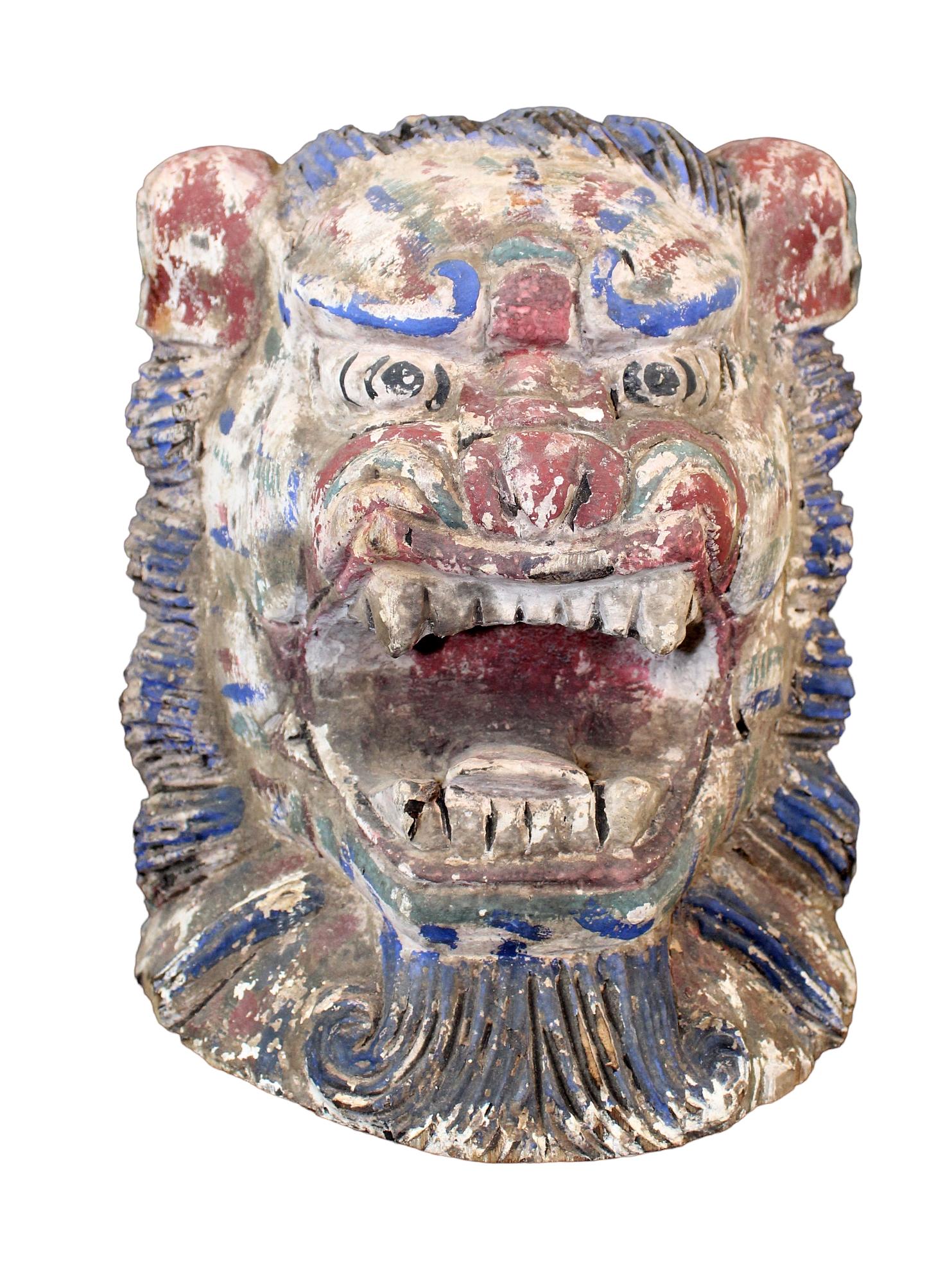 Carved polychrome foo lion head (1 of 8)