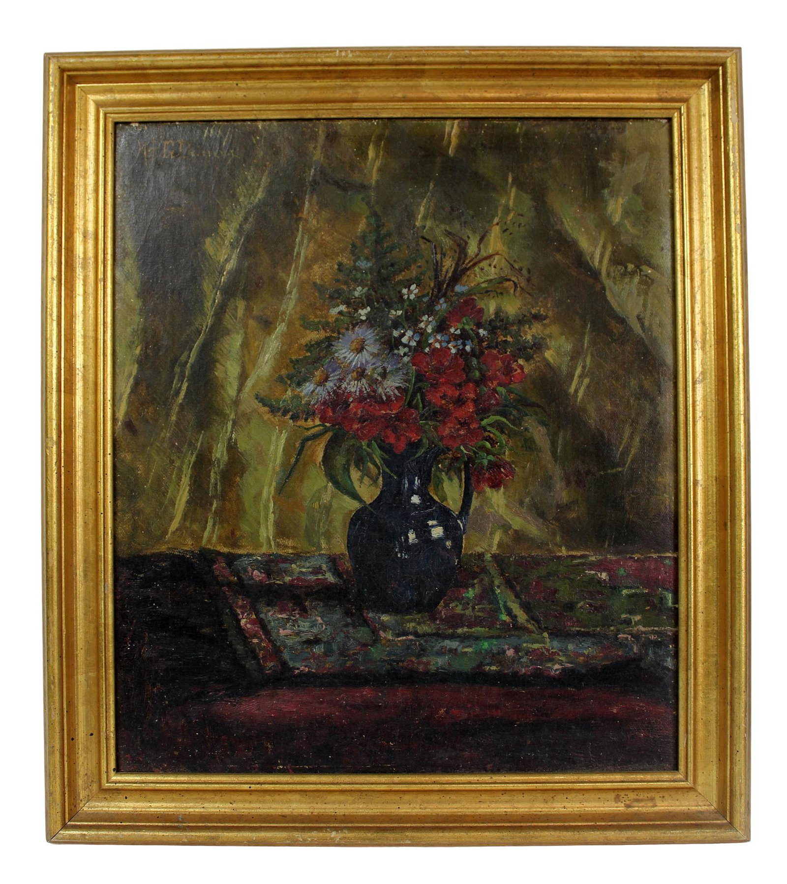 MPG Devereux (French, XIX) oil on canvas still life painting of flowers: MPG Devereux (French, XIX) oil on canvas still life painting of flowers in a vase, signed u/l MPG Devereux. l Overall: 19 1/8" h x 17" w Sight size: 15 5/8" h x 13 1/2" w