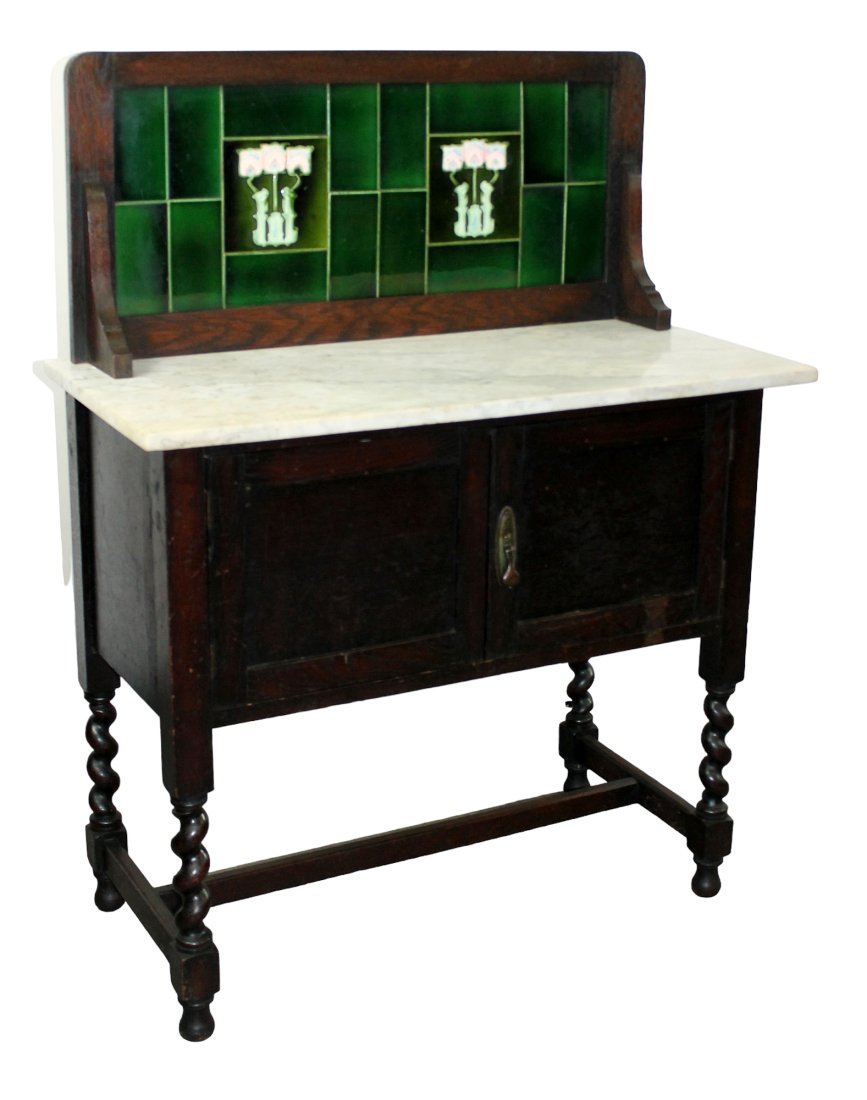English washstand in oak with marble top and tiled back panel (1 of 8)