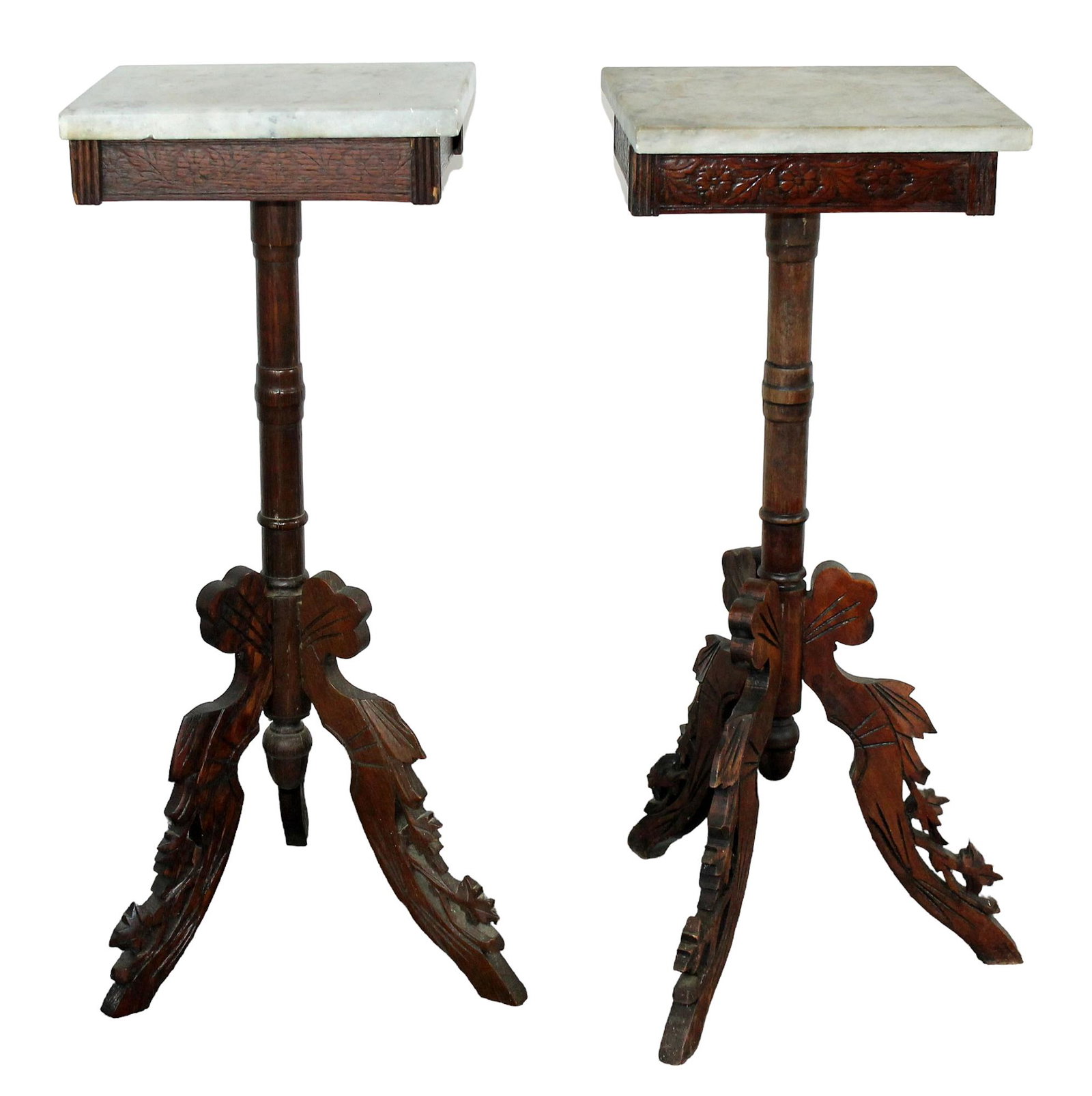 Companion pair of American Victorian marble top plantstands: Companion pair of American Victorian oak marble top plantstands. Early 20th century. 31"h x 12"w x 10"d