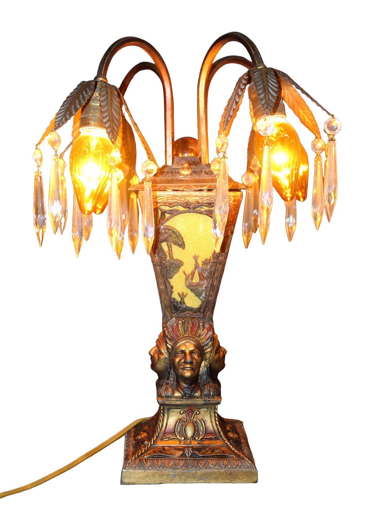 Table lamp with metal overlay and Native American figural mask (1 of 13)