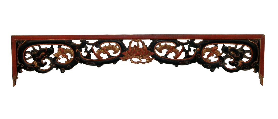 Chinese polychrome pierce carved fragment with dragons, bats and lotus flowers: Chinese polychrome pierce carved fragment with dragons, bats and lotus flowers. 15 3/4"h x 75"w