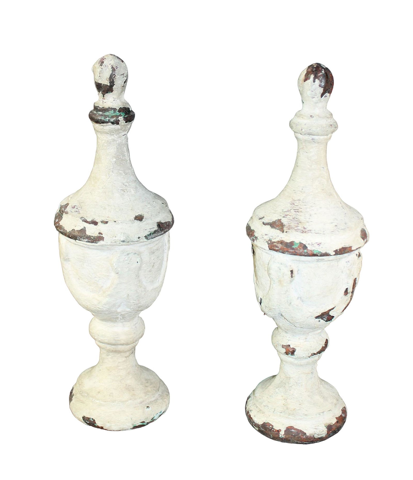 Pair of French antique cast iron newel post finials: Pair of French antique cast iron newel post finials. 19th century. 15 1/2"h x 5"dia