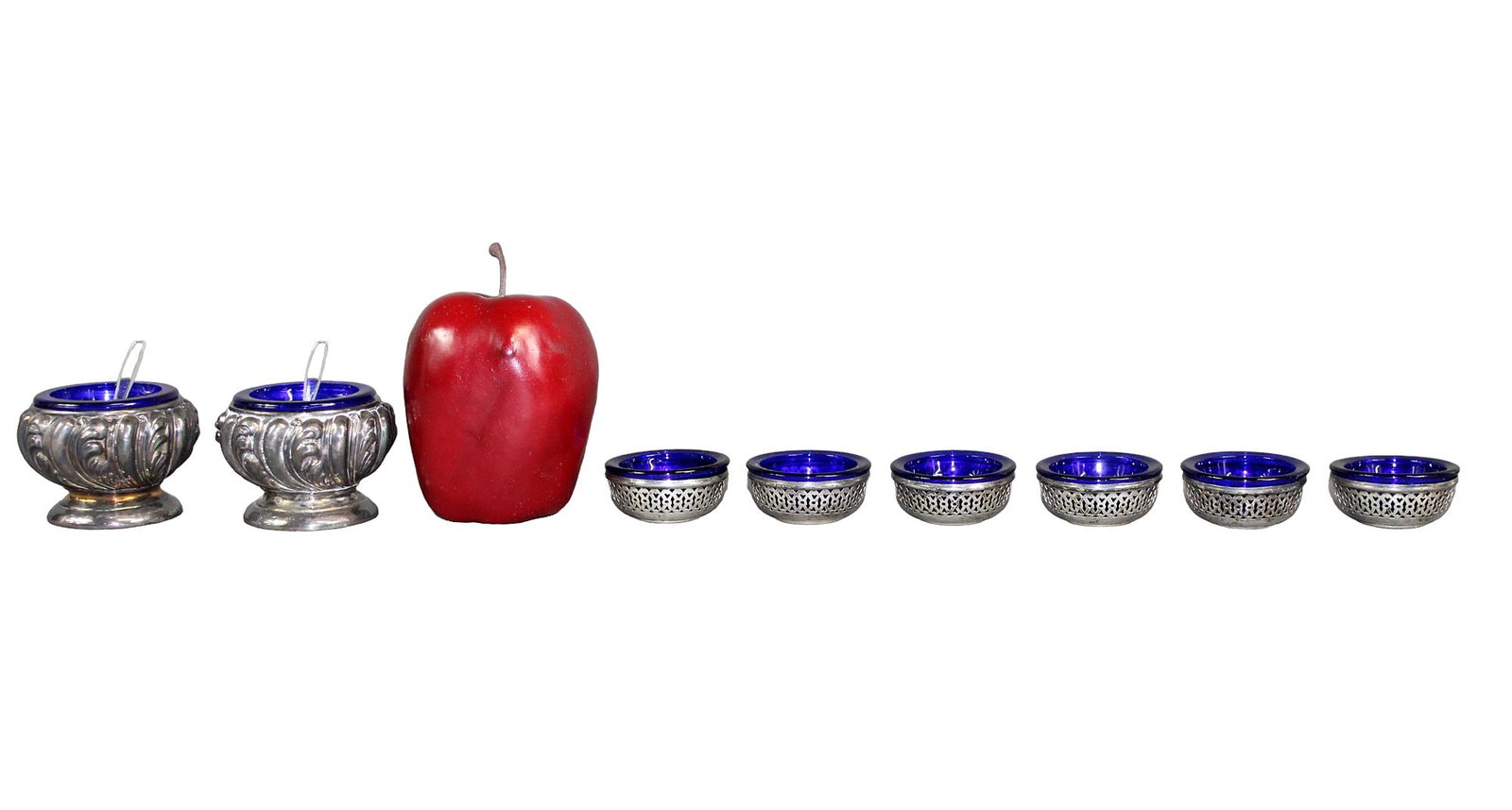 Lot of 8 silver & cobalt salt cellars: Lot of 8 silver & cobalt salt cellars - 6 petite, 2 footed with spoons Petite: 7/8" h x 2" diam Footed: 2" h x 2 3/4" diam