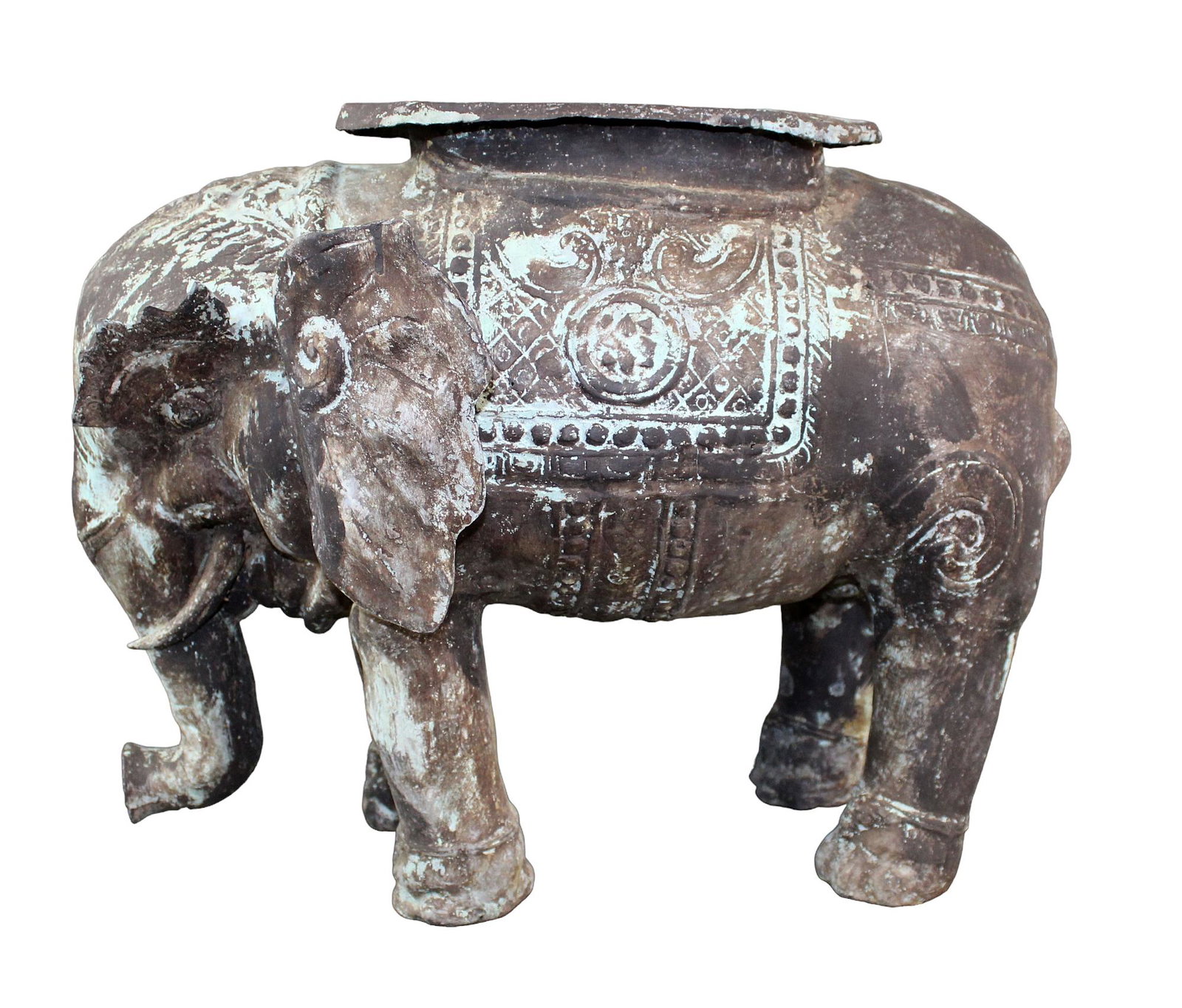 Burmese elephant garden stool in verdrigris patina bronze: Burmese elephant garden stool in verdigris patina bronze. Lotus ears. Top area features a star motif. 16 1/4" h x 14 1/2" w x 18 1/2" d (approx)