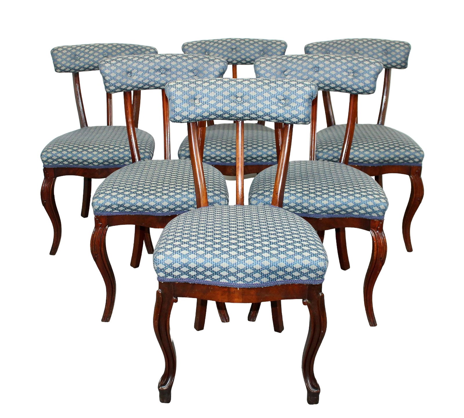 Lot of 6 Swedish curved back Klimos dining chairs: Lot of 6 Swedish upholstered curved back Klimos side chairs. 1 chair slightly different. Late 19th century. 33"x 18"w x 18"d, seat height 17 1/2"