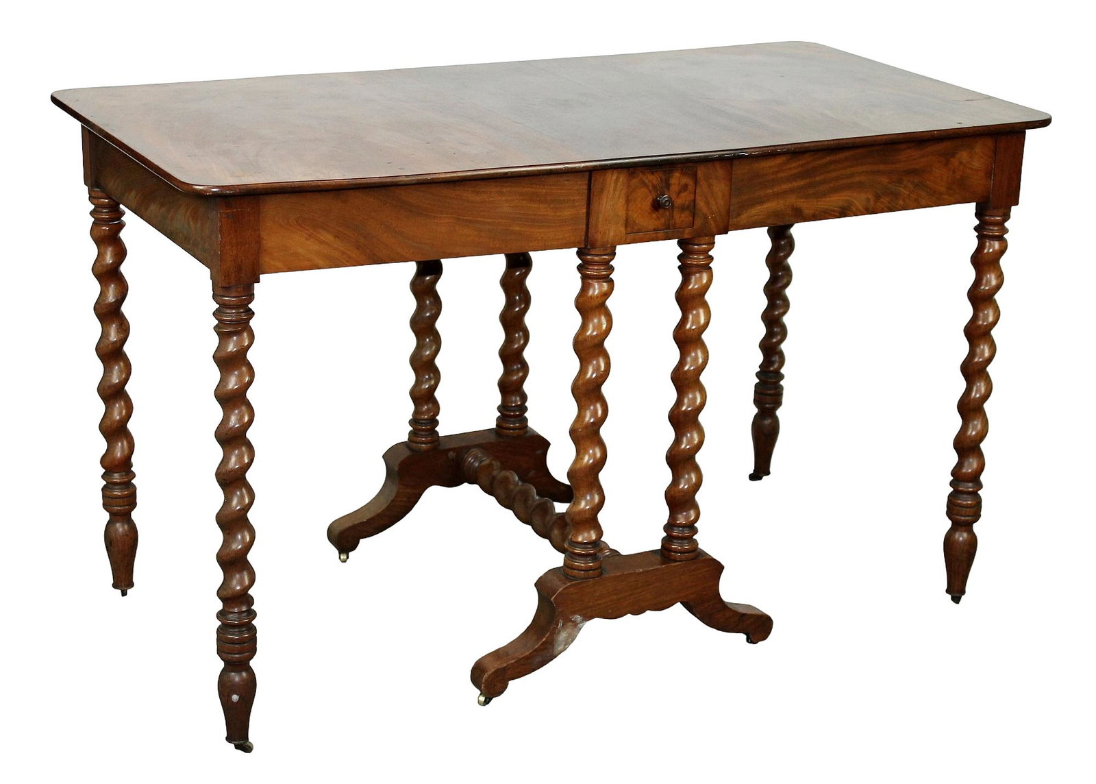 French barley twist leg flame mahogany table with center drawers: French barley twist leg flame mahogany table with center drawers. 19th century. 28 1/2"h x 48"w x 24 1/4"d