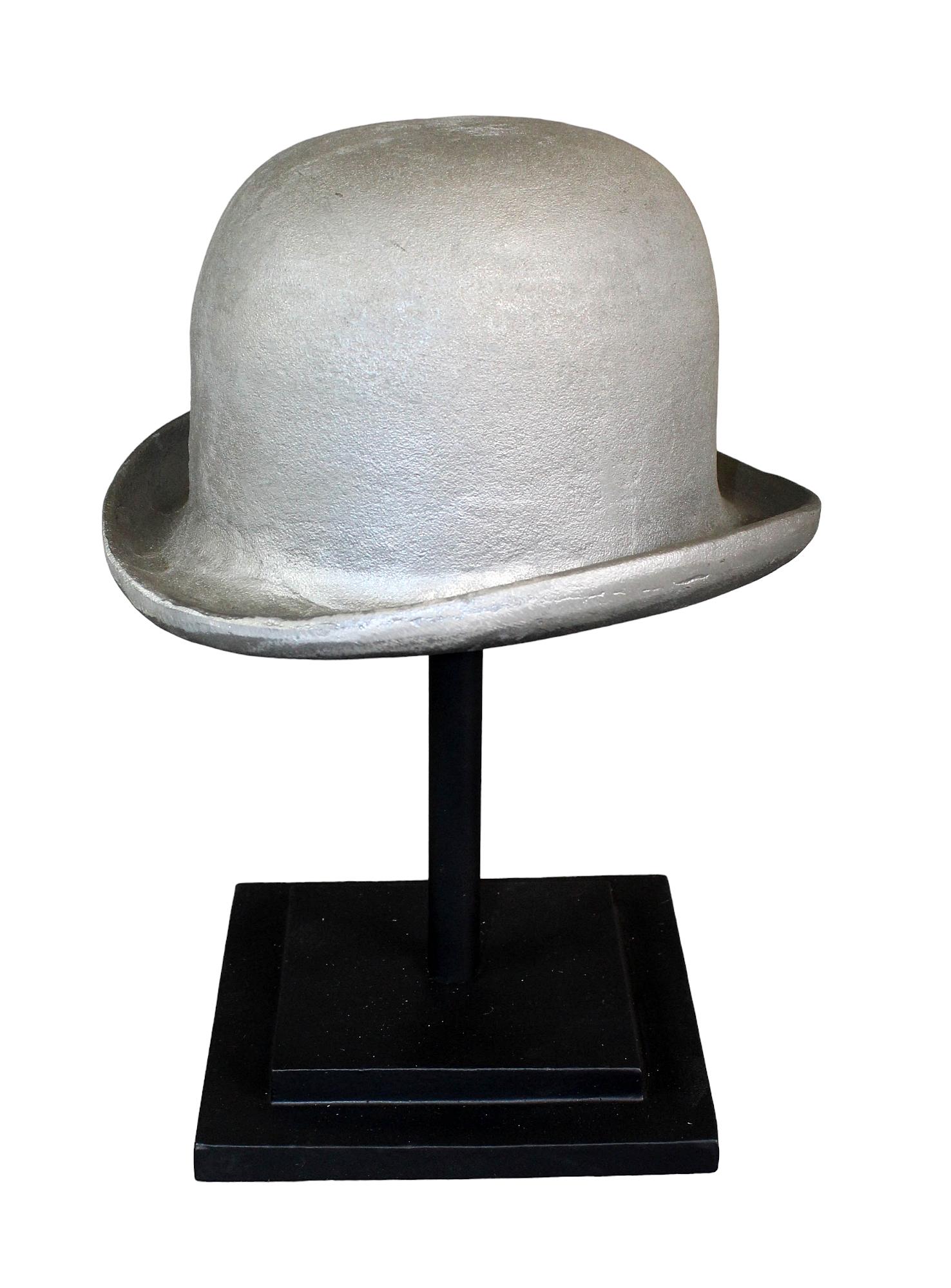 Restoration Hardware bowler hat on stand: Restoration Hardware metal bowler hat on stand 13 1/2" h x 8 3/4" w x 9 3/4" d