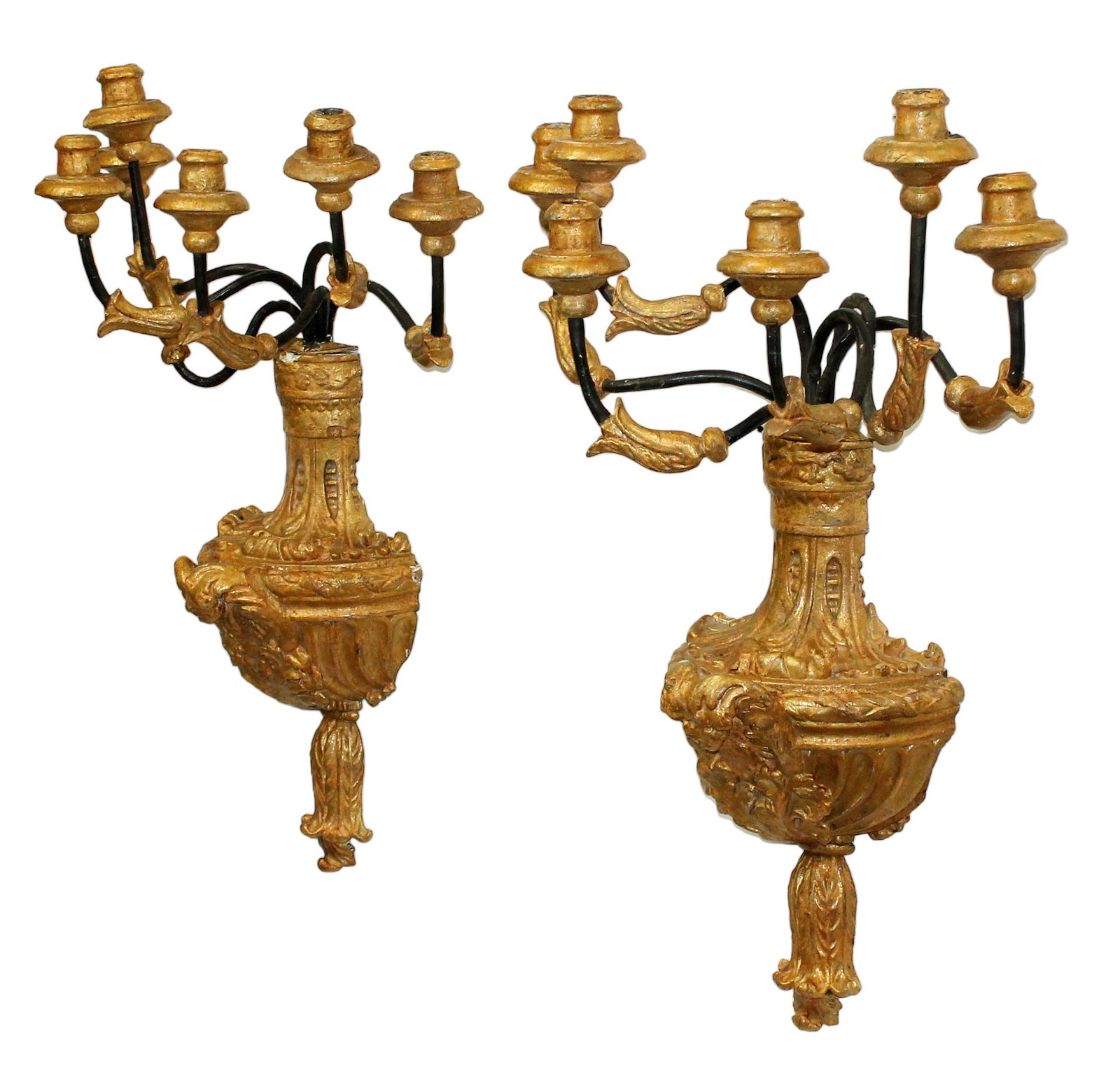 Pair Italian gilt wood 6-arm candle sconces: Pair Italian gilt wood 6-arm candle sconces. Late 19th century. 35 1/2"h x 22"w x 11 1/4"d