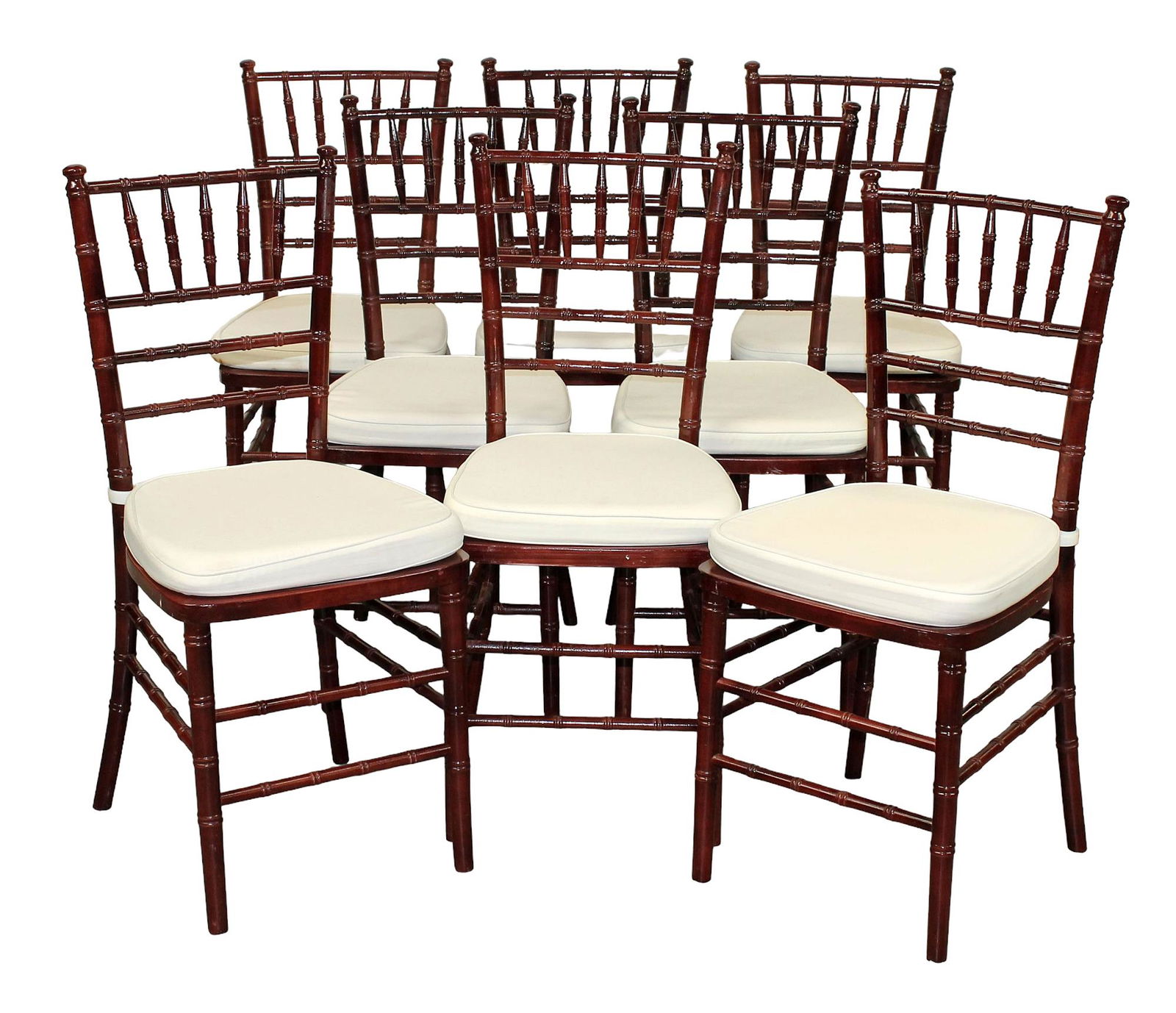 Lot of 8 Chiavari ballroom chairs faux bamboo with lacquered finish: Lot of 8 Chiavari ballroom chairs faux bamboo with lacquered finish. Late 20th century. 36"h x 15 3/4"w x 15 1/2"d Seat 17 1/2"h