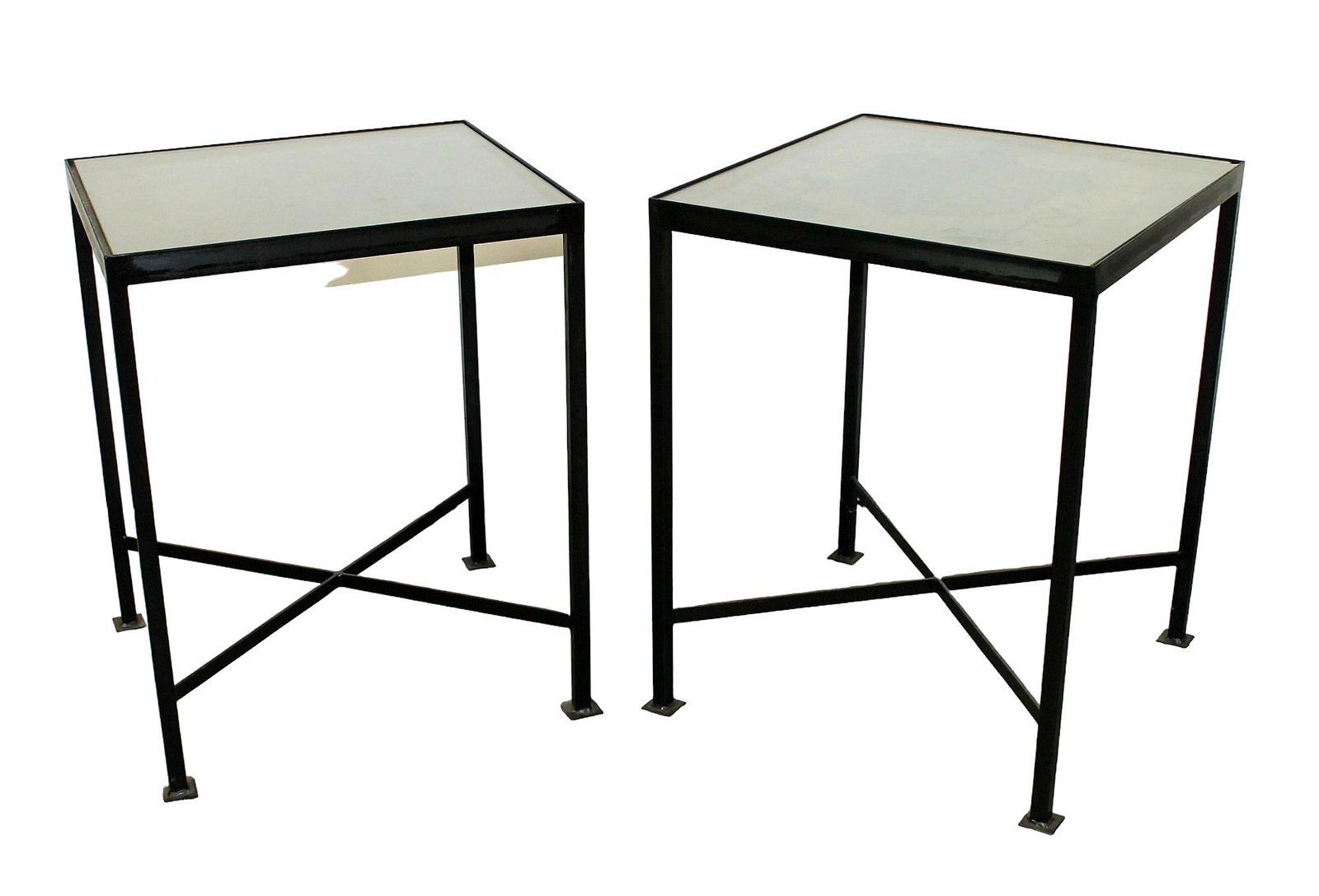 Lot of 2 Iron frame side tables with antique panels of map and crest under glass: Lot of 2 Iron frame side tables with antique panels of map and crest under glass. Antique panels, Modern frame. 24"h x 19"w x 19 1/2"w