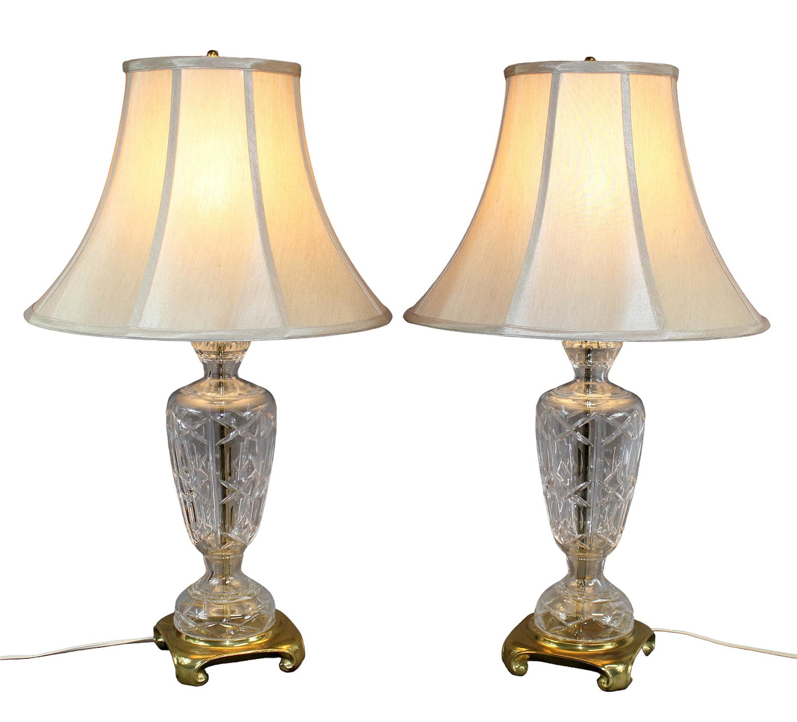 Pair of cut crystal urn form lamps: Pair of cut crystal urn form lamps with shades 29 1/2" h x 17" diam