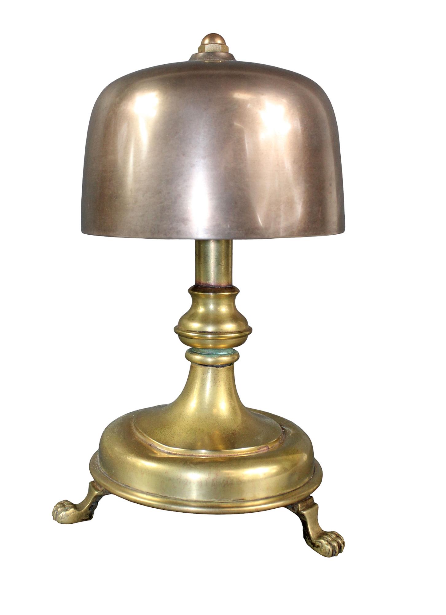 Antique French bronze butlers bell: Antique French bronze butlers bell on pedestal base with paw feet. Late 19th century. 11 1/4" h x 6 3/4" w x 6 1/2" d