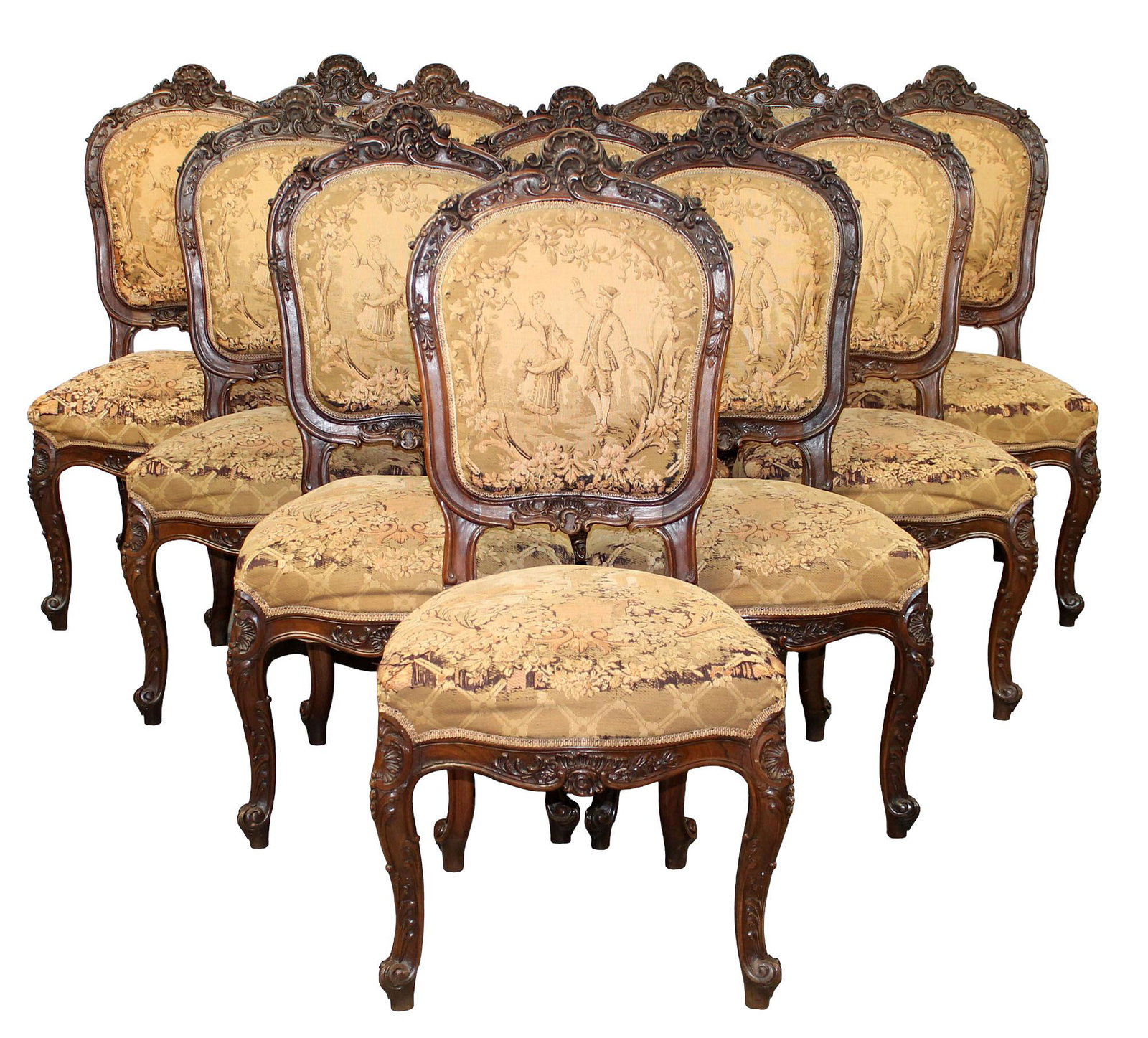 Set of 12 French Louis XV carved walnut dining chairs: Set of 12 French Louis XV carved walnut dining chairs with tapestry upholstery. Late 19th century. 42 1/4"h x 20"w x 18"d, seat height 19"