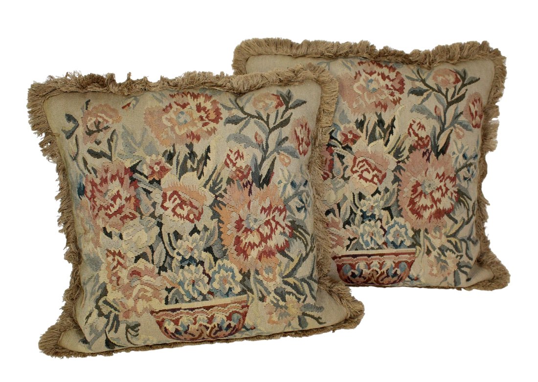 Pair of needlepoint pillows: Pair of pillows with flowers 17 1/2" h x 20 3/4" w x 6 3/4" d (approx)
