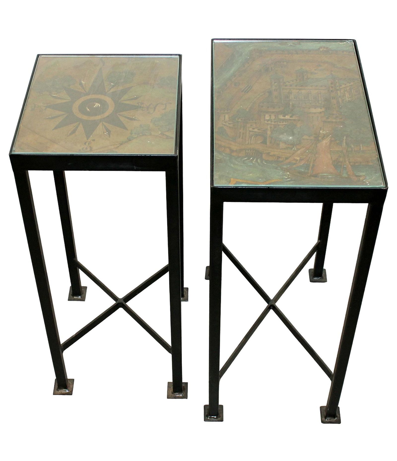Lot of 2 iron frame side table with Venetian painted scenes: Lot of 2 iron frame side table with antique Venetian painted scene panels under glass. 24"h x 9 3/4"w x 10 1/2"d and 24"h x 9 3/4"w x 14 3/4"d