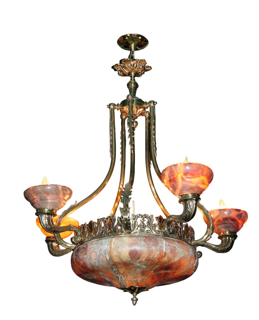 5-arm bronze & alabaster chandelier: 5-arm bronze & alabaster chandelier. 36"h x 36" dia (approx)