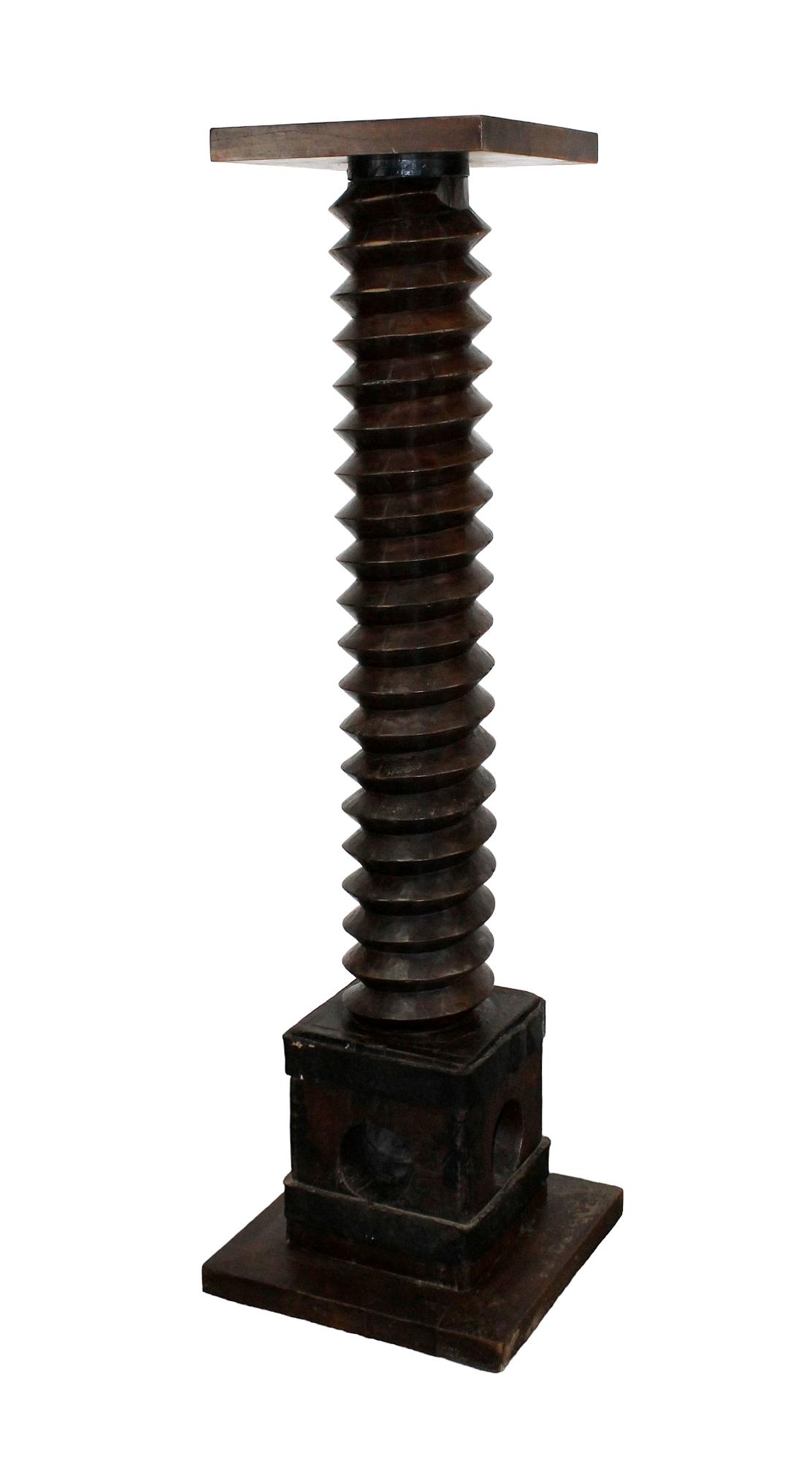 French wine press screw mounted as a pedestal: French wine press screw mounted as a pedestal. 67 1/4"x 19 1/2" square at the base and 15 3/4" square at the top