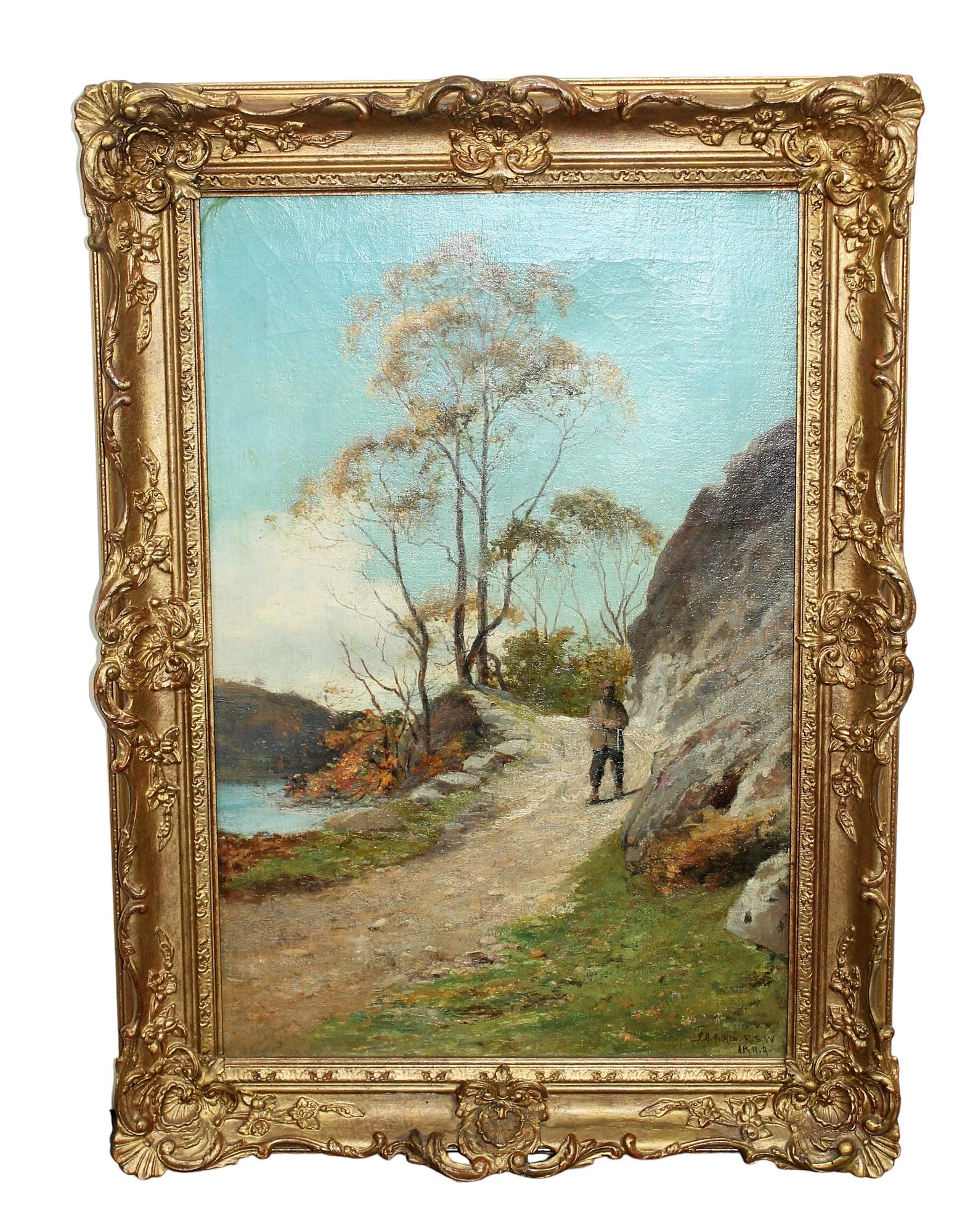 James Aitken (1846-1897) oil on canvas painting landscape: Oil on canvas painting landscape man on path. Signed l/r JA Aitken (James Alfred Aitken 1846-1897) Member Royal Scottish Academy. 24.5"x 16.25"w Framed size 29.5"x 21.5"w