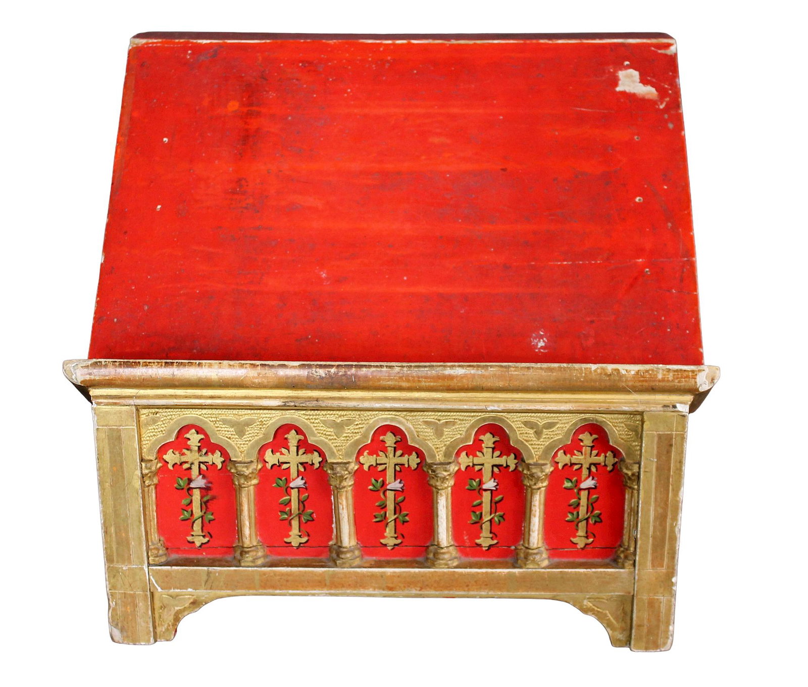 French Gothic Revival parcel gilt and painted wood lectern: French Gothic Revival parcel gilt and painted wood lectern or book rest with painted flowers. Late 19th century. 13 1/2"x 15 1/4"w x 11 1/2"d