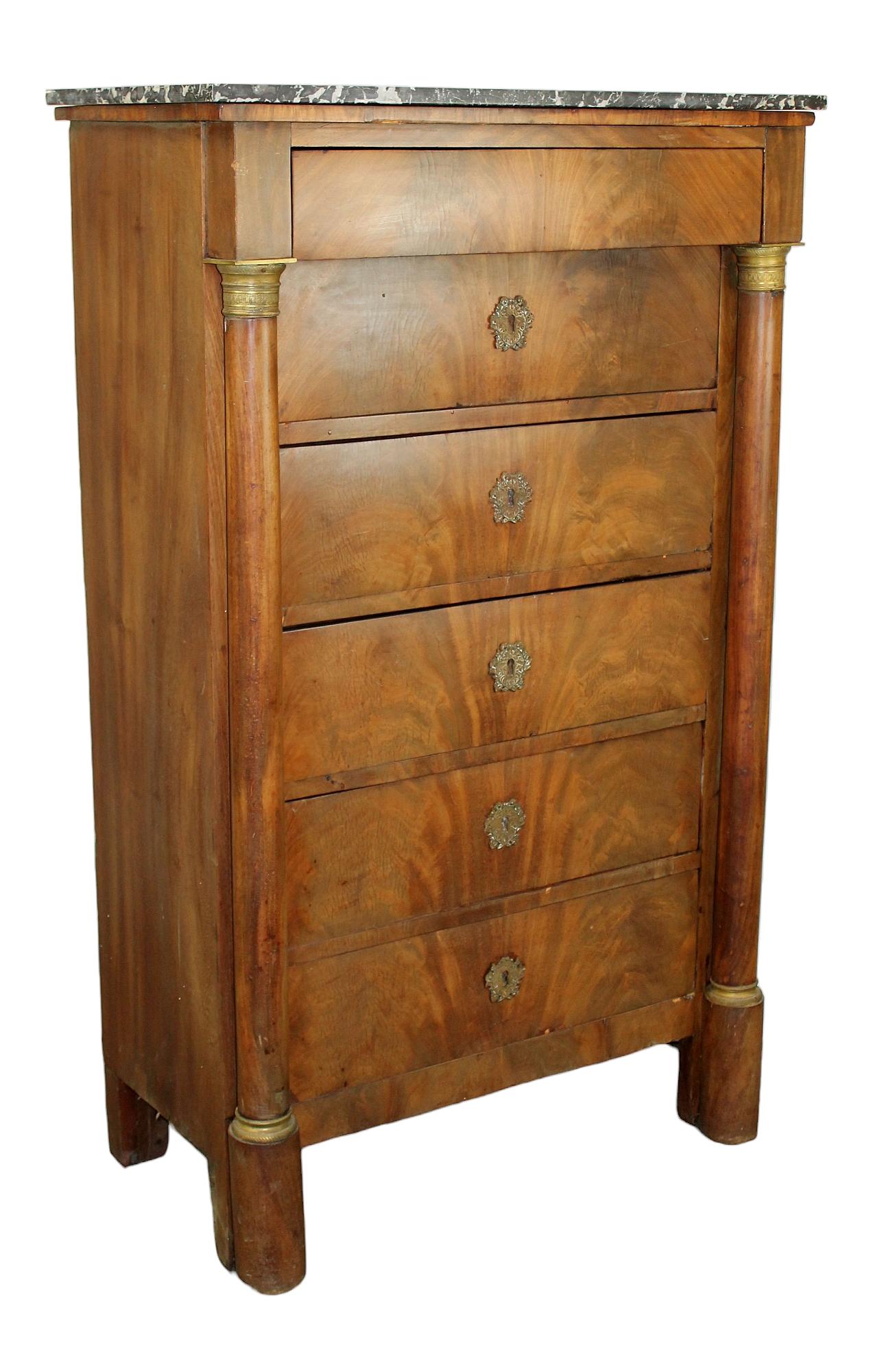 French Empire semanier commode in flame mahogany with marble top: French Empire semanier commode in flame mahogany with marble top. Late 19th century. 58"h x 43 3/4"w x 18 1/8"d