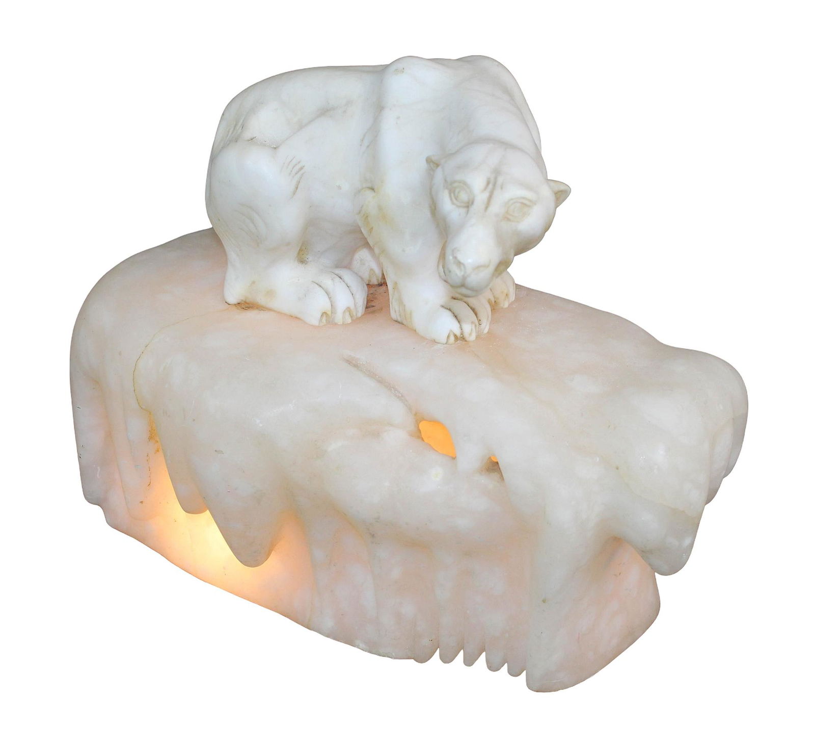 Italian carved alabaster polar bear sculpture: Italian carved alabaster polar bear on iceberg lighted sculpture. Early 20th century. 13 1/2"h x 17"w x 8"d